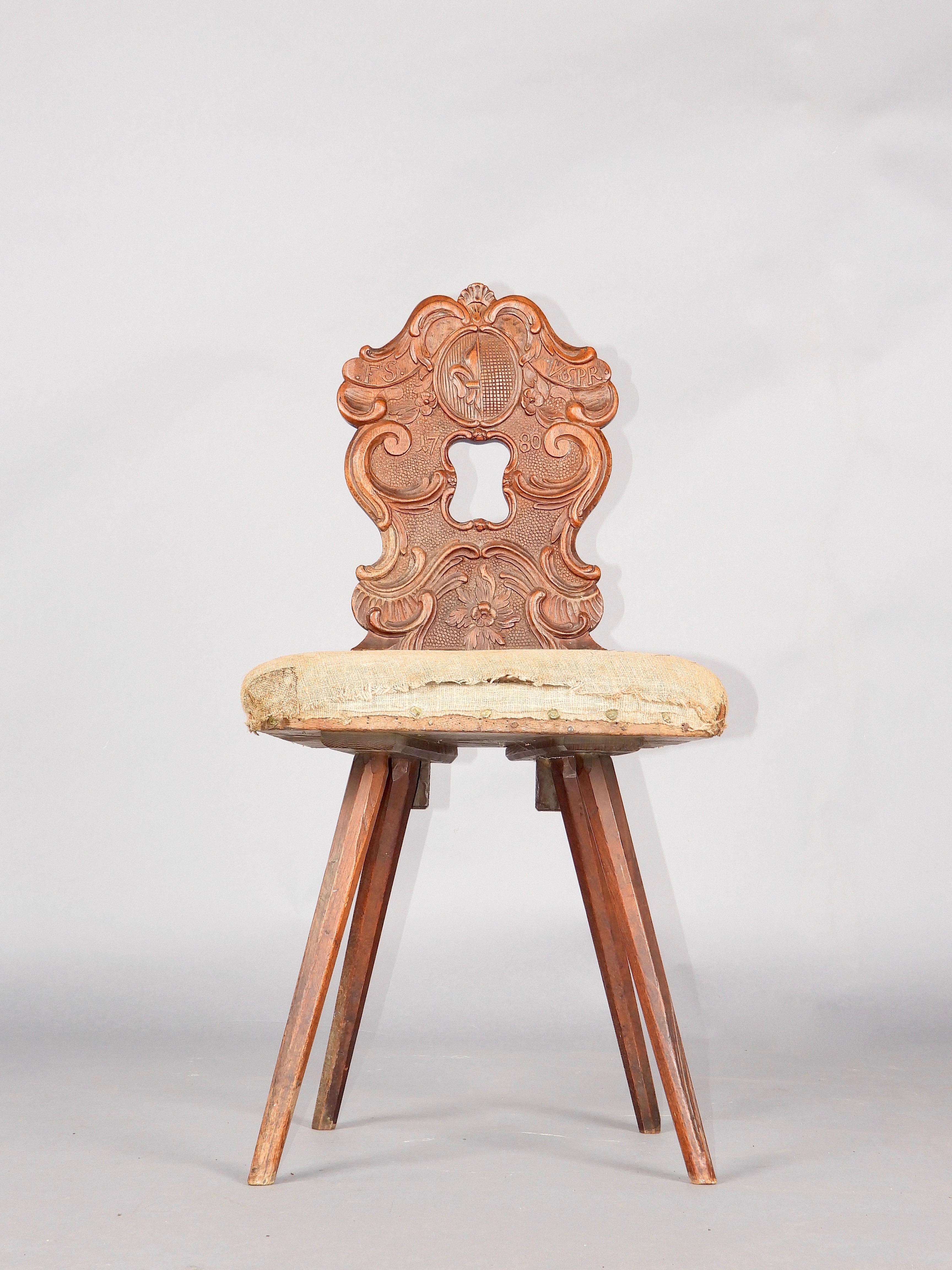 Late 18th Century Swiss alp escabelle dated 1780 with original fabric For Sale