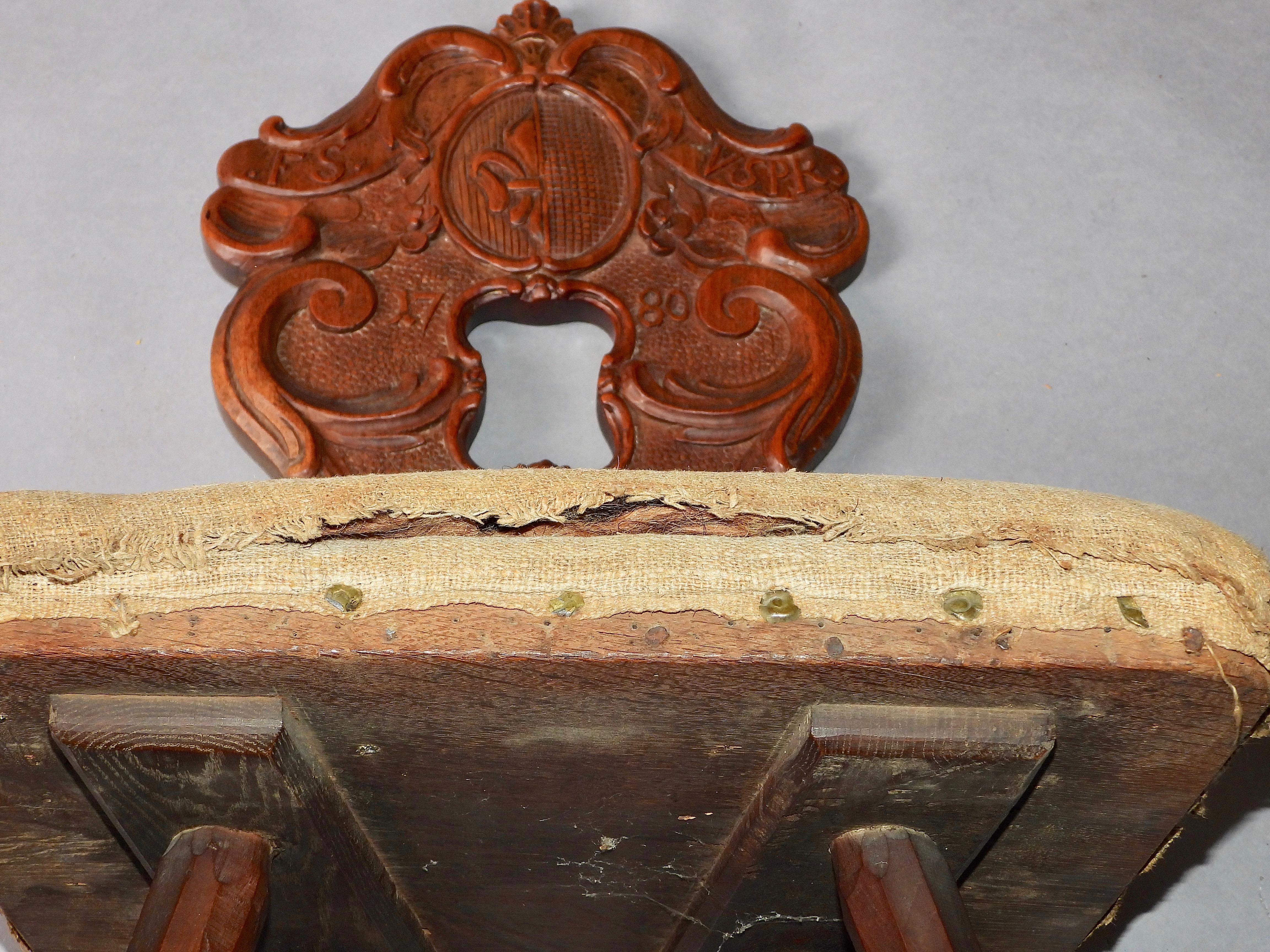 Fabric Swiss alp escabelle dated 1780 with original fabric For Sale