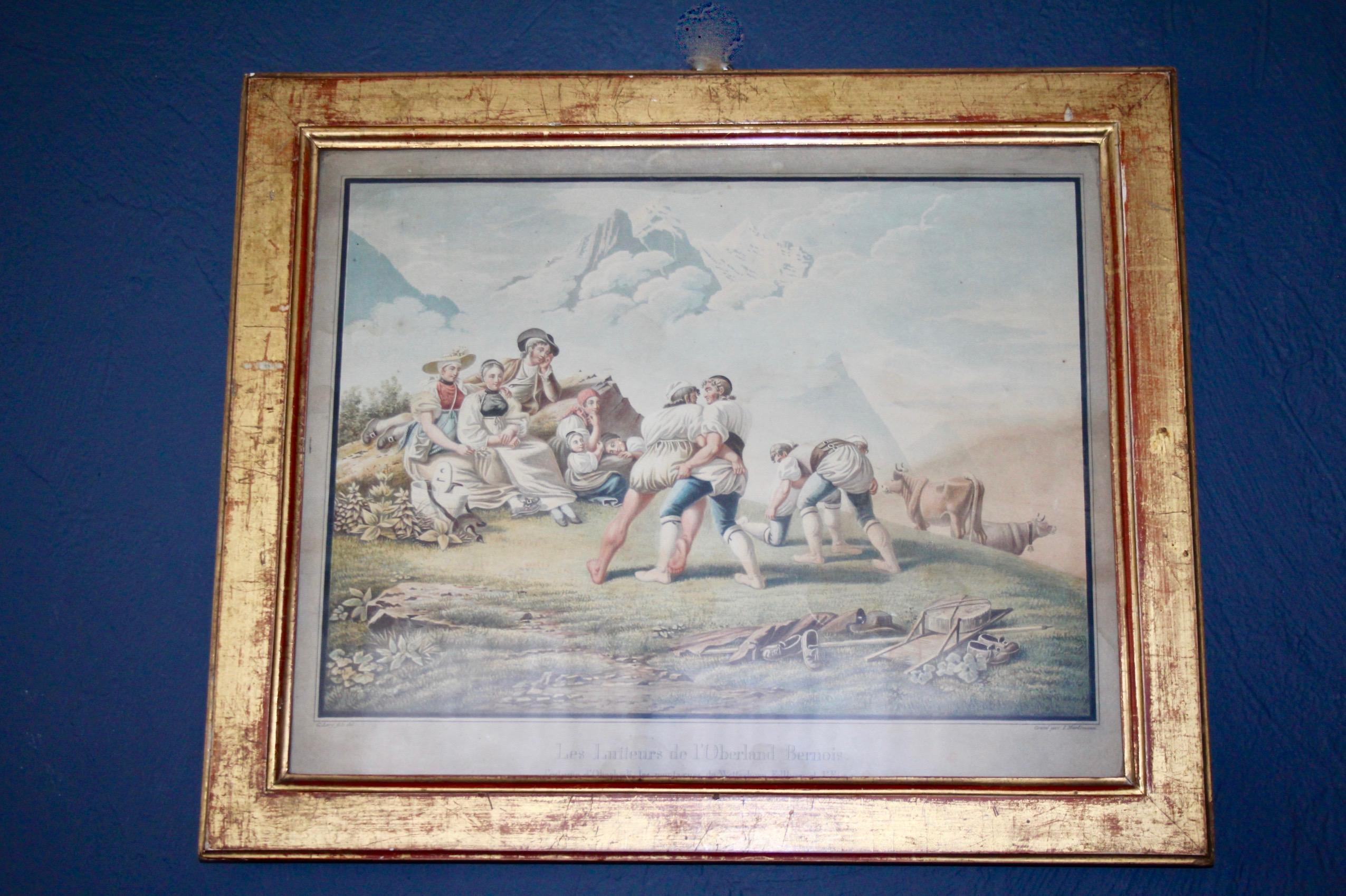 Swiss alp lithographs “ Les lutteurs de l Oberland Bernois “  the paper is slightly stained at the bottom of the frame