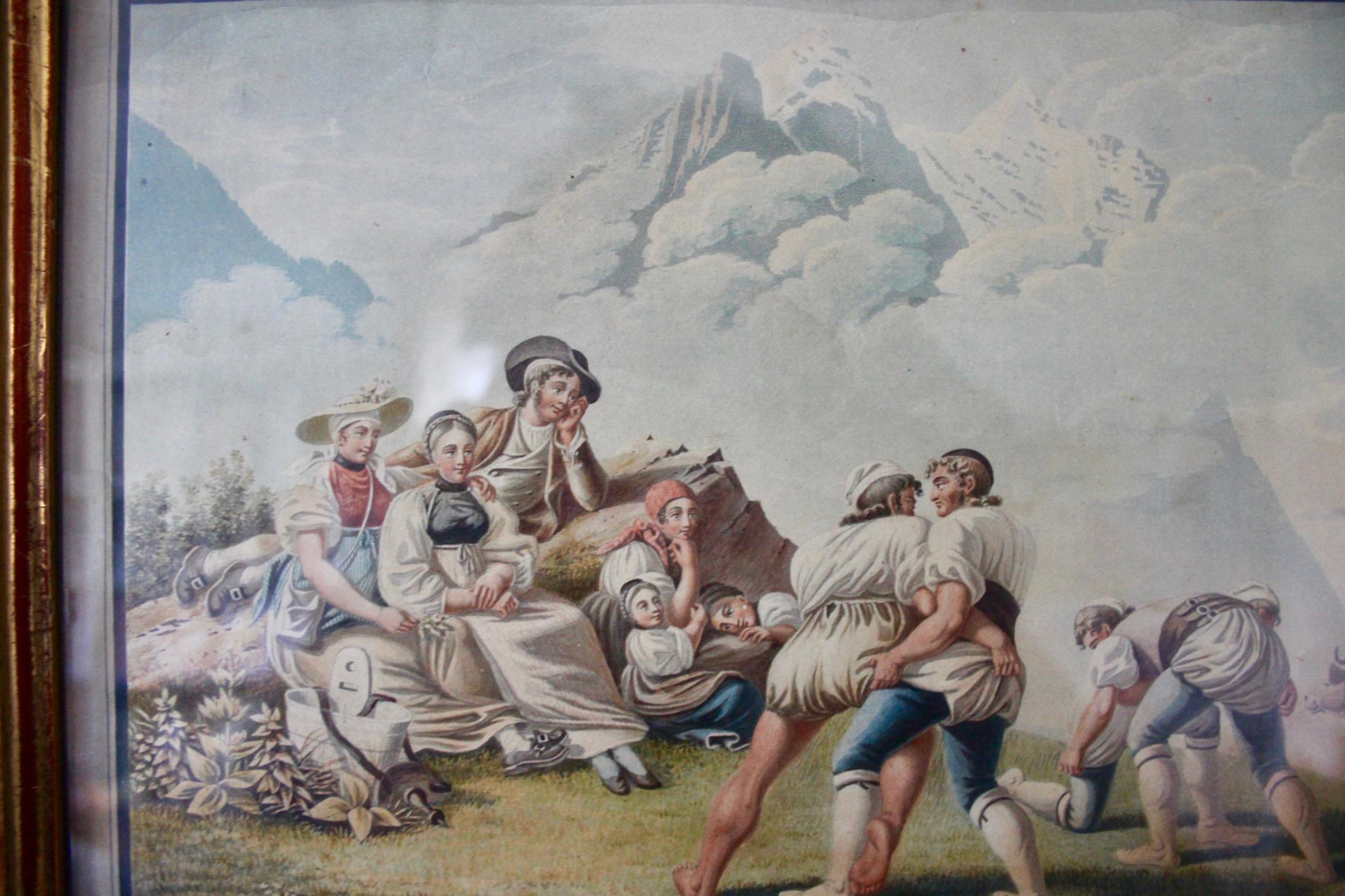Swiss alp lithographs “ Les lutteurs de l Oberland Bernois “ In Good Condition For Sale In grand Lancy, CH