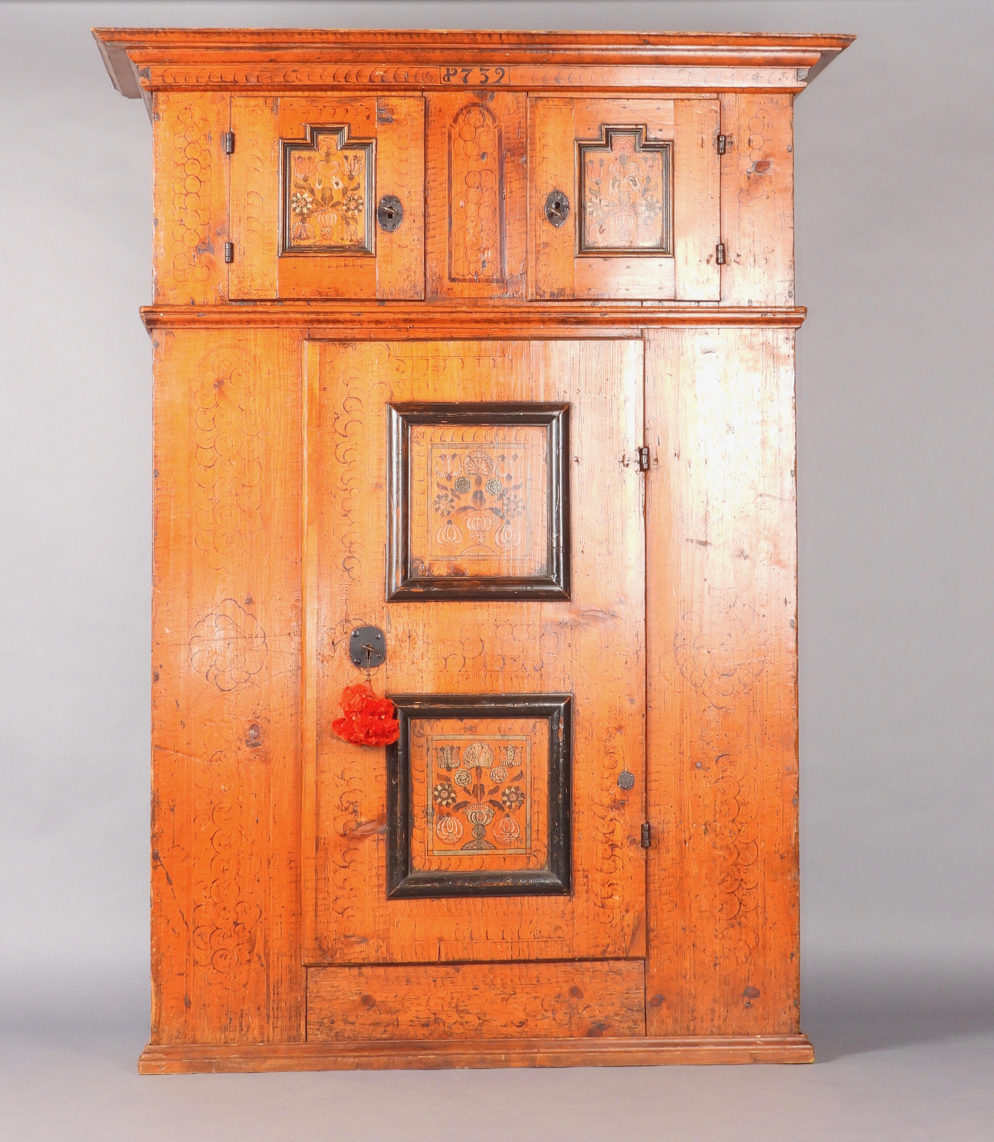 Wood Swiss alp painted cupboard dated 1732 For Sale