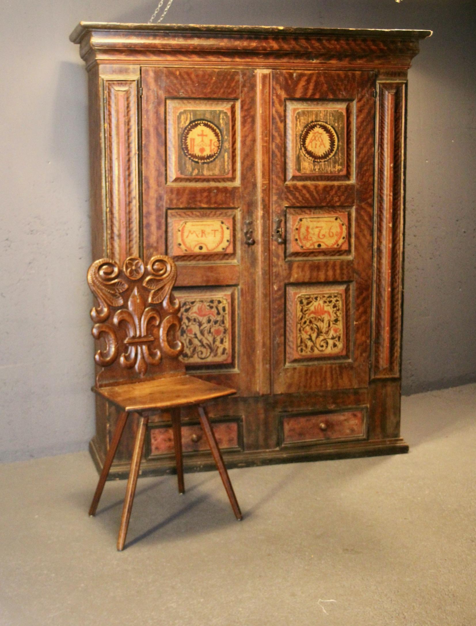 Mid-18th Century Swiss alp painted cupboard dated 1760 For Sale