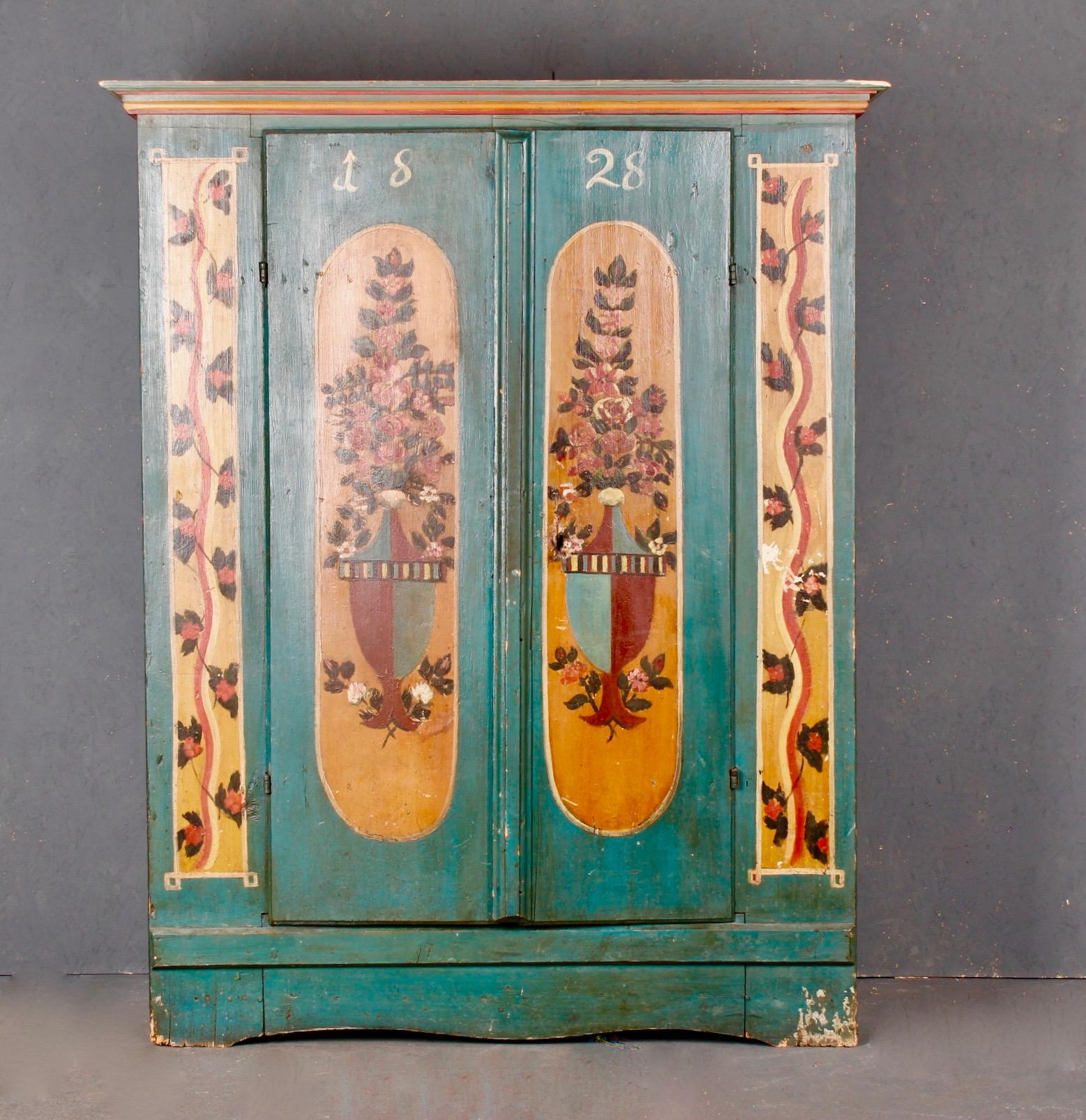 Early 19th Century Swiss alp painted cupboard dated 1828 For Sale