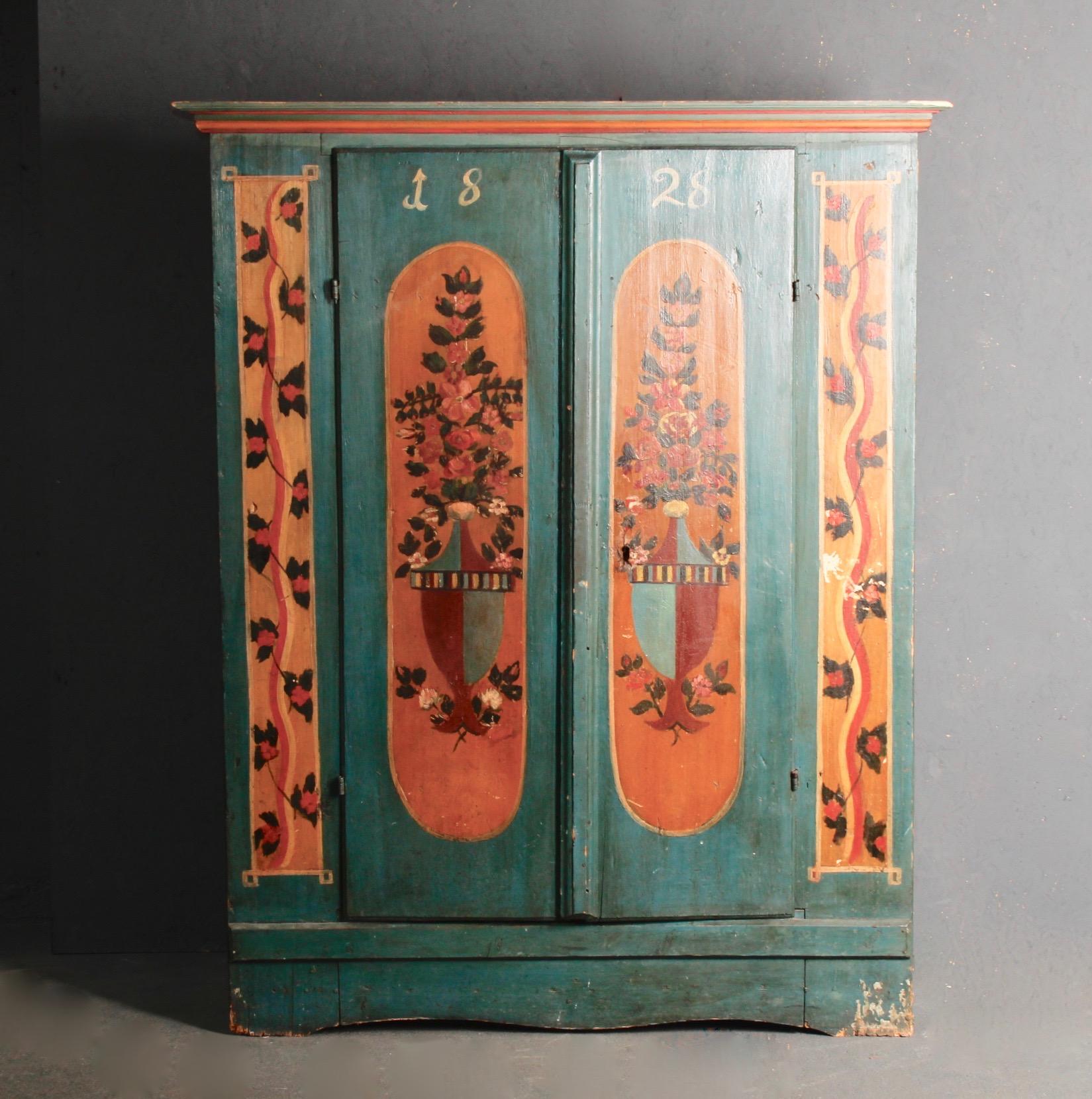 Wood Swiss alp painted cupboard dated 1828 For Sale
