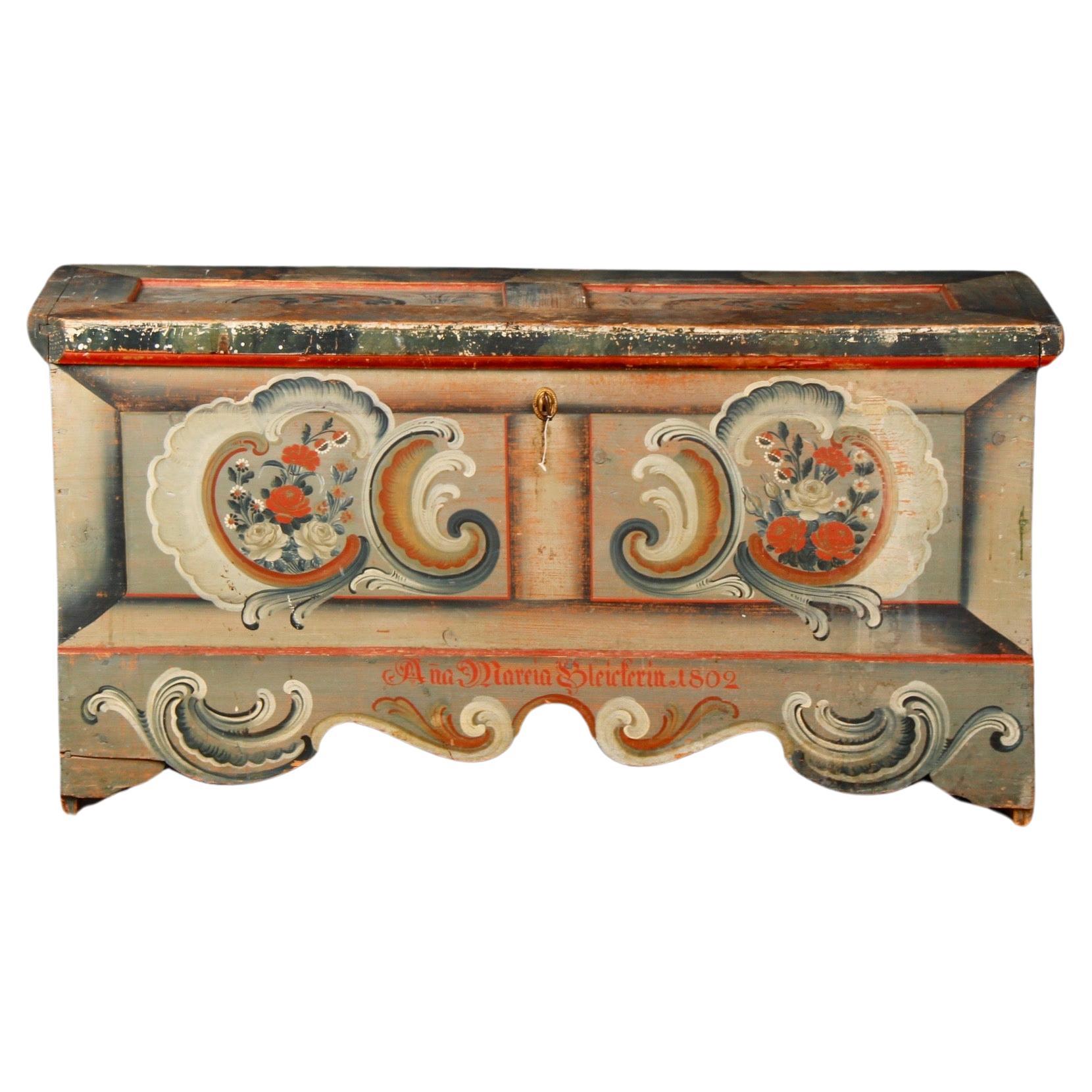 Swiss alp painted trunk dated 1808 For Sale