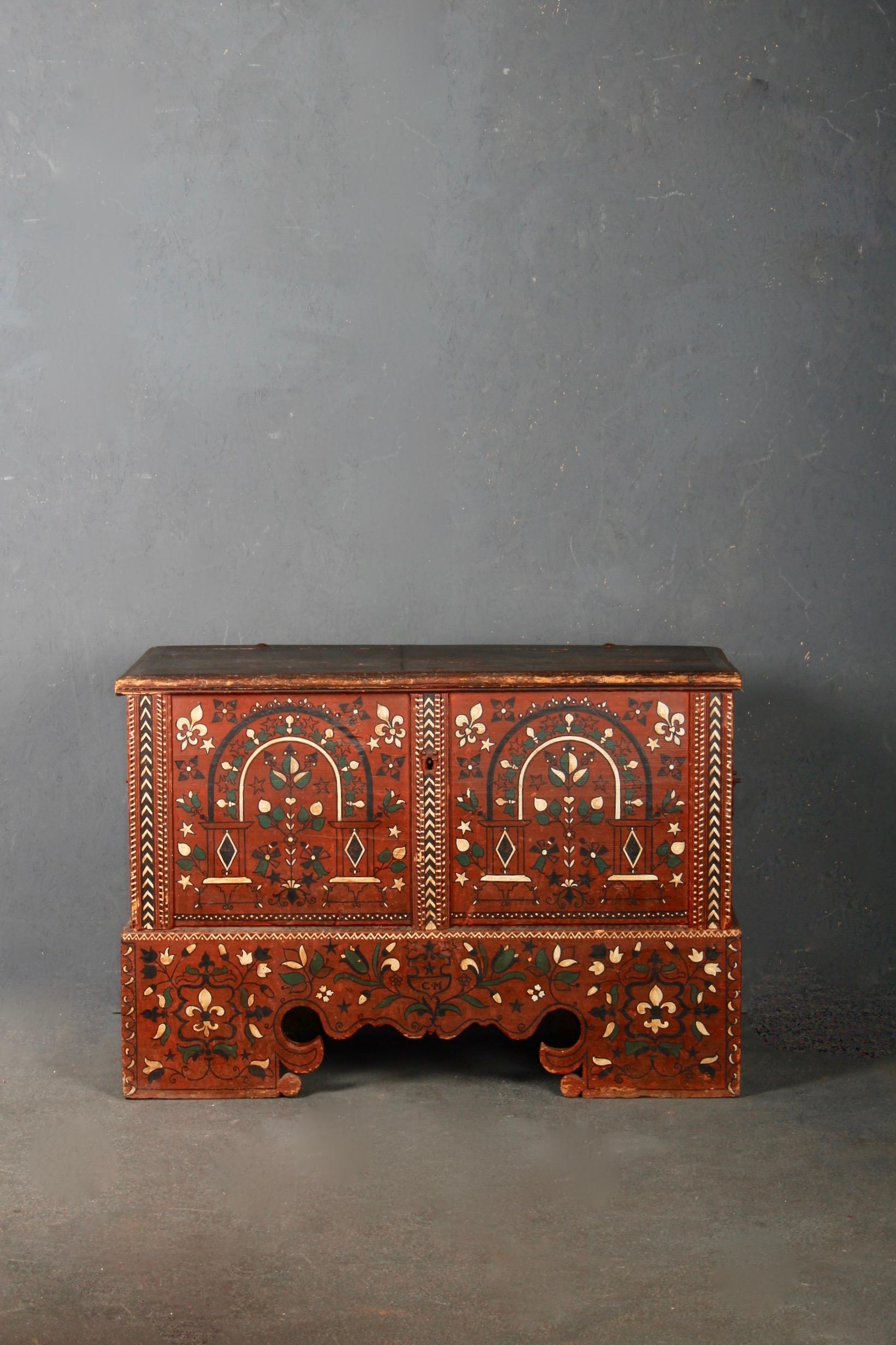 18th Century Swiss alp painted trunk  For Sale