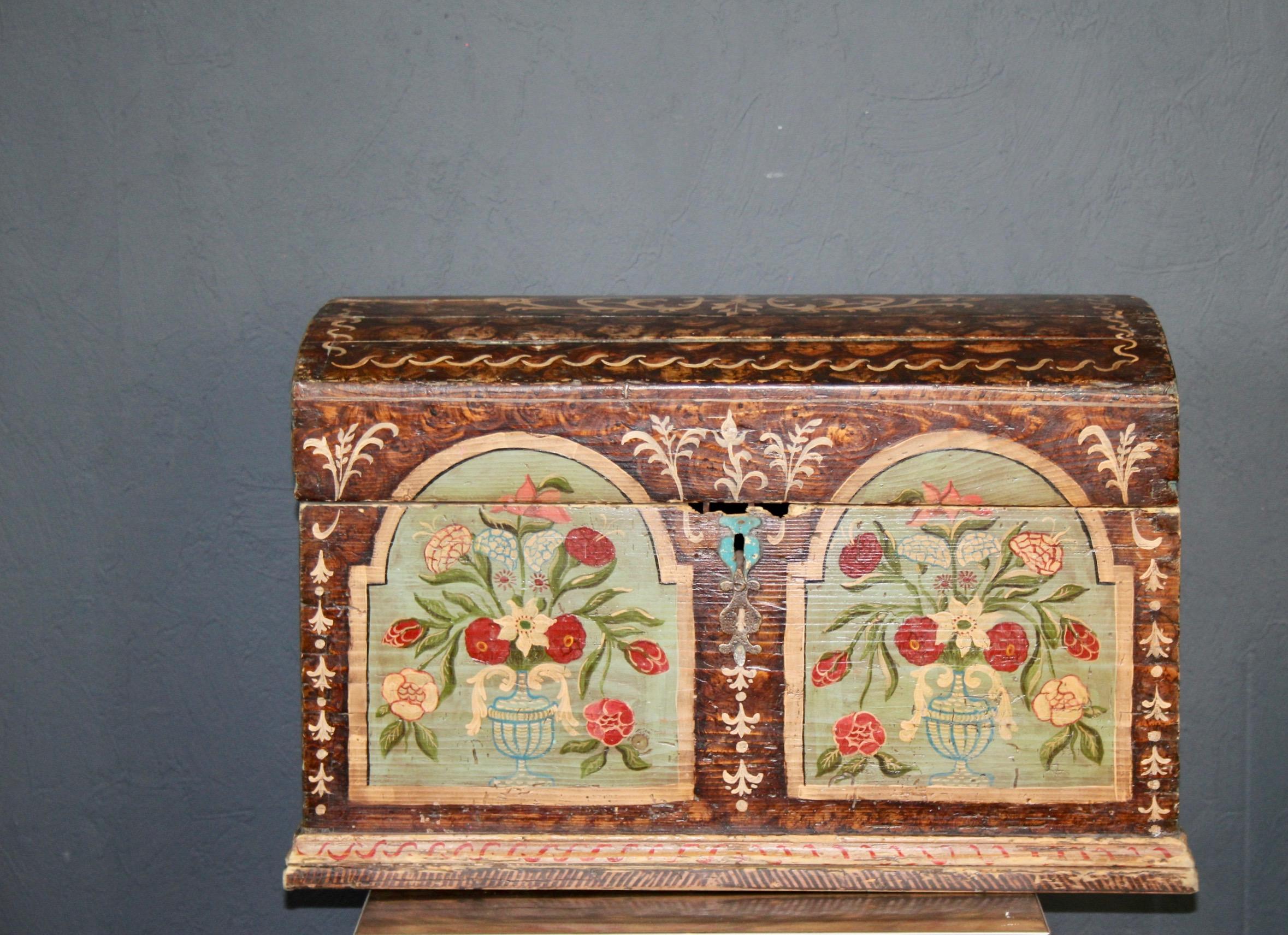 Swiss alp hand painted trunk, with still life flowers, the lock is damage see photo.