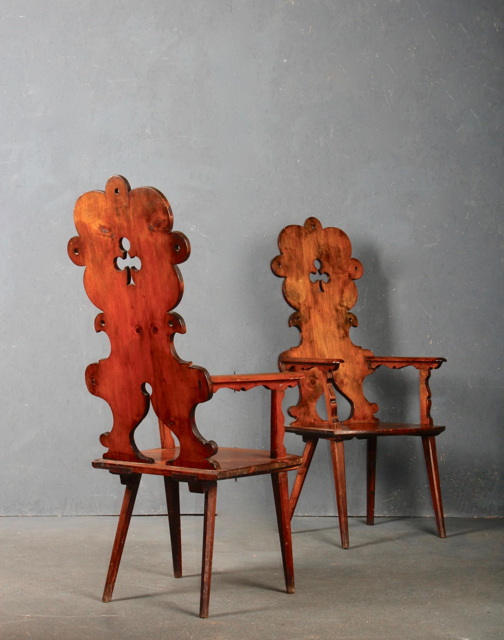 Late 19th Century Swiss alp pair of wood armchairs For Sale