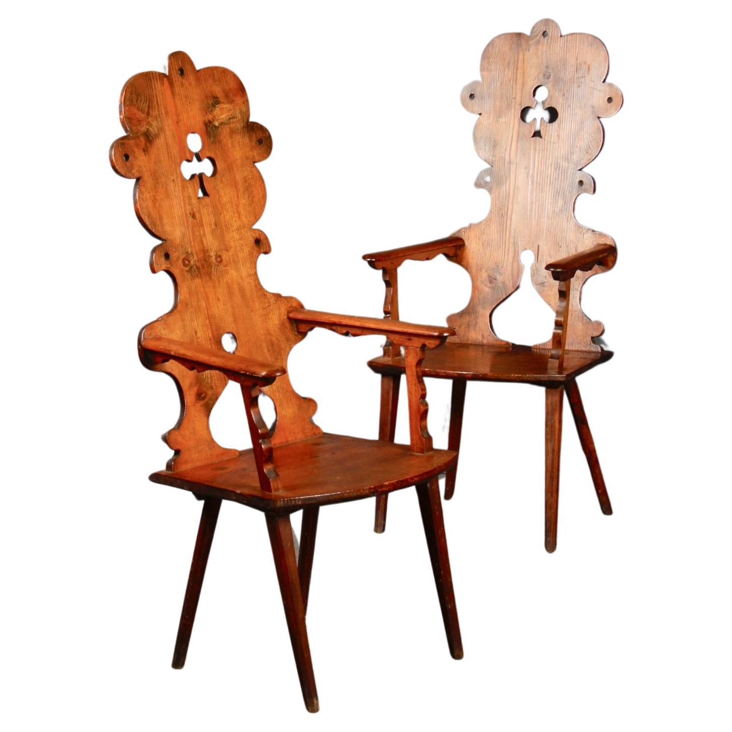 Swiss alp pair of wood armchairs For Sale