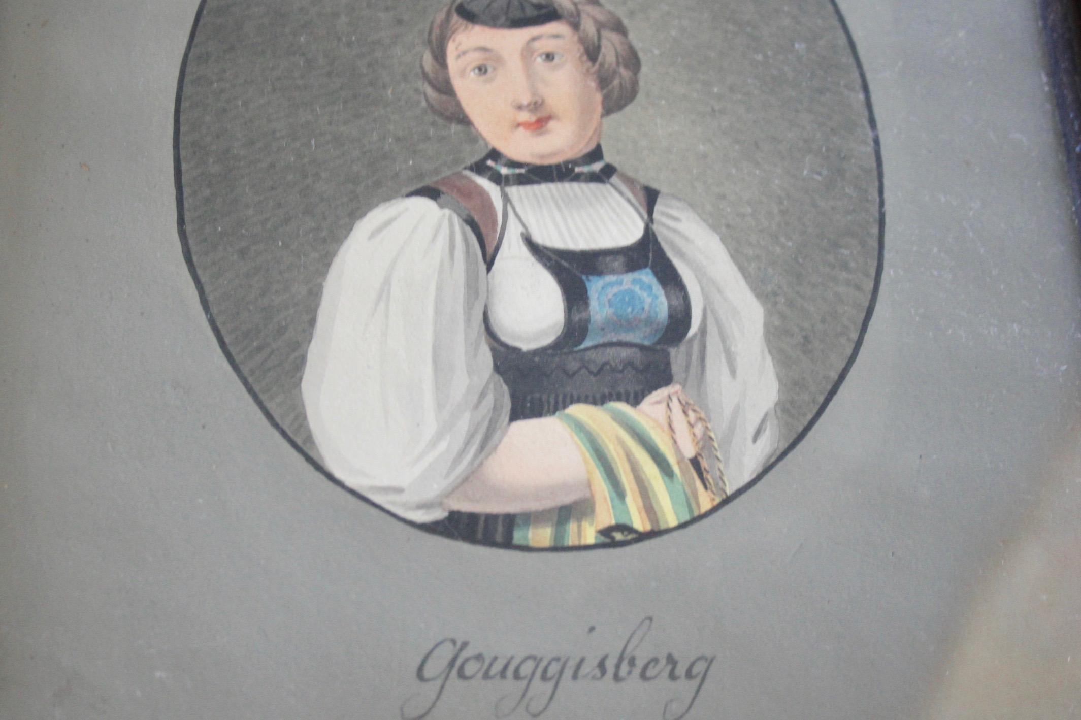 Mid-19th Century Swiss alp watercolor women of Gouggisberg from Bern region For Sale