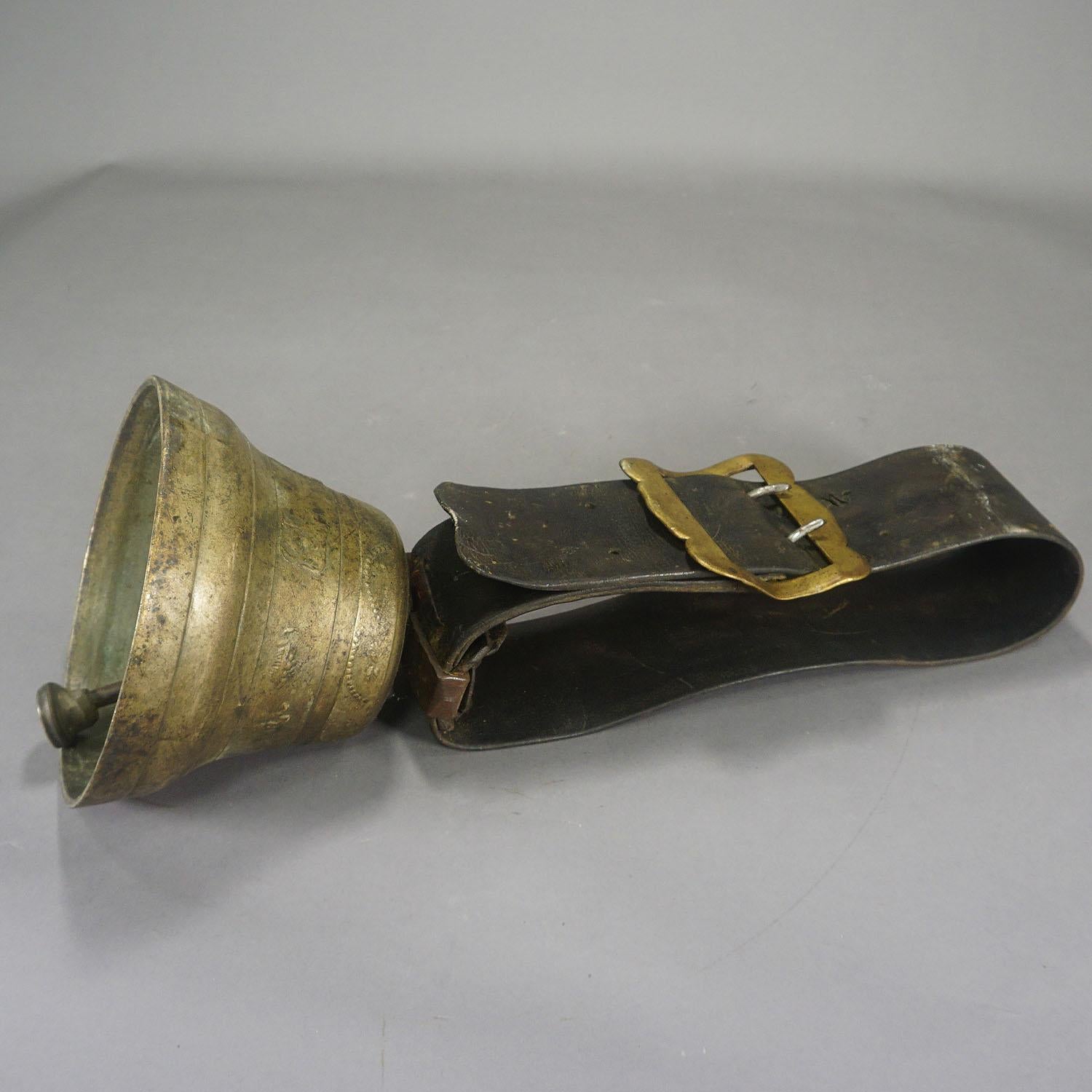 Cast Swiss Alpine Cow Bell with Leather Strap, Antique, ca. 1900