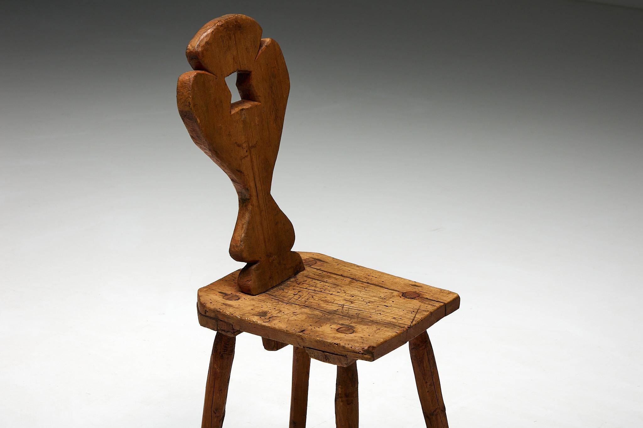 Pine Swiss Alpine Folk Art Chair, 19th Century