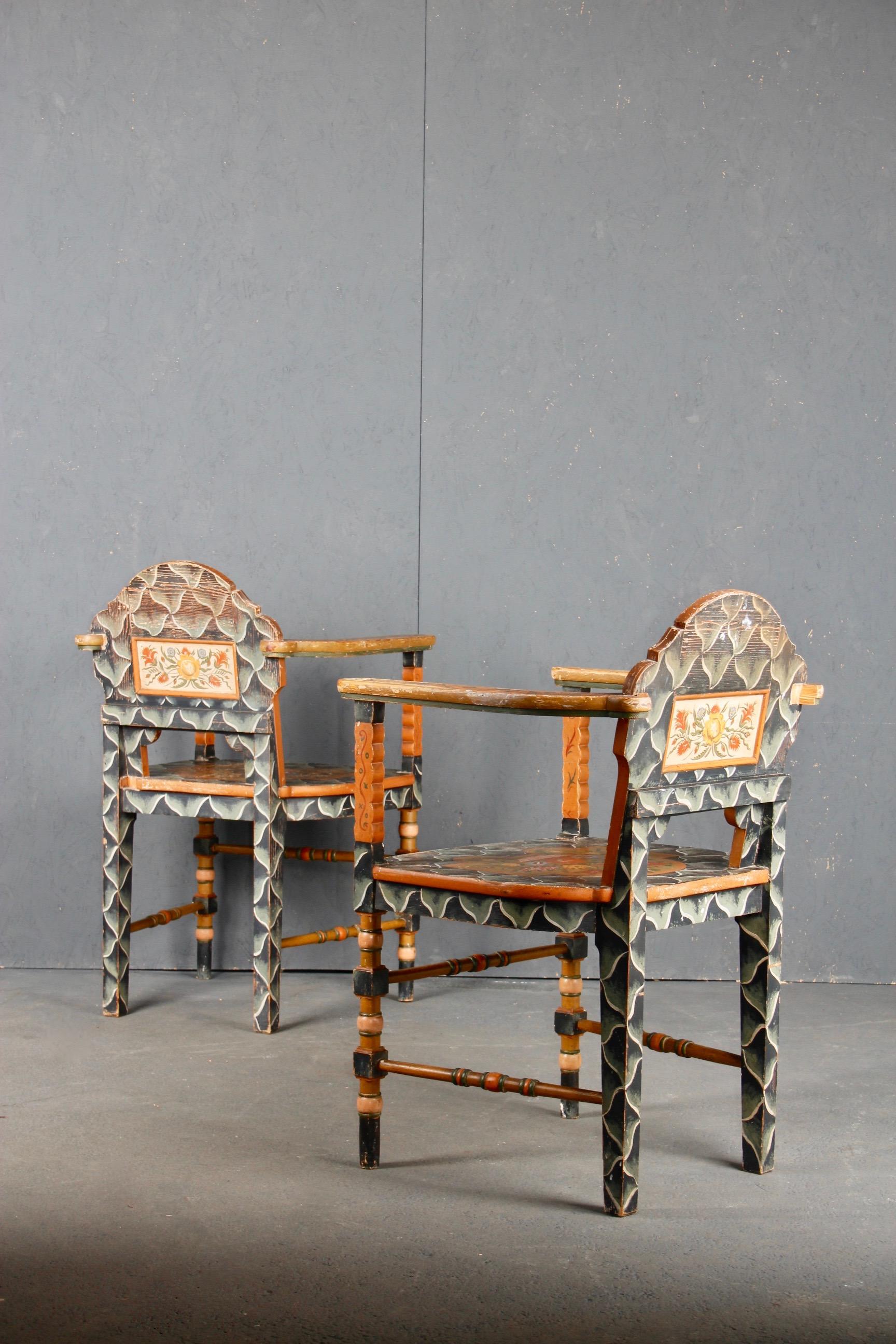 Swiss Alpine Folk Art Pair of Painted Armchairs For Sale 5