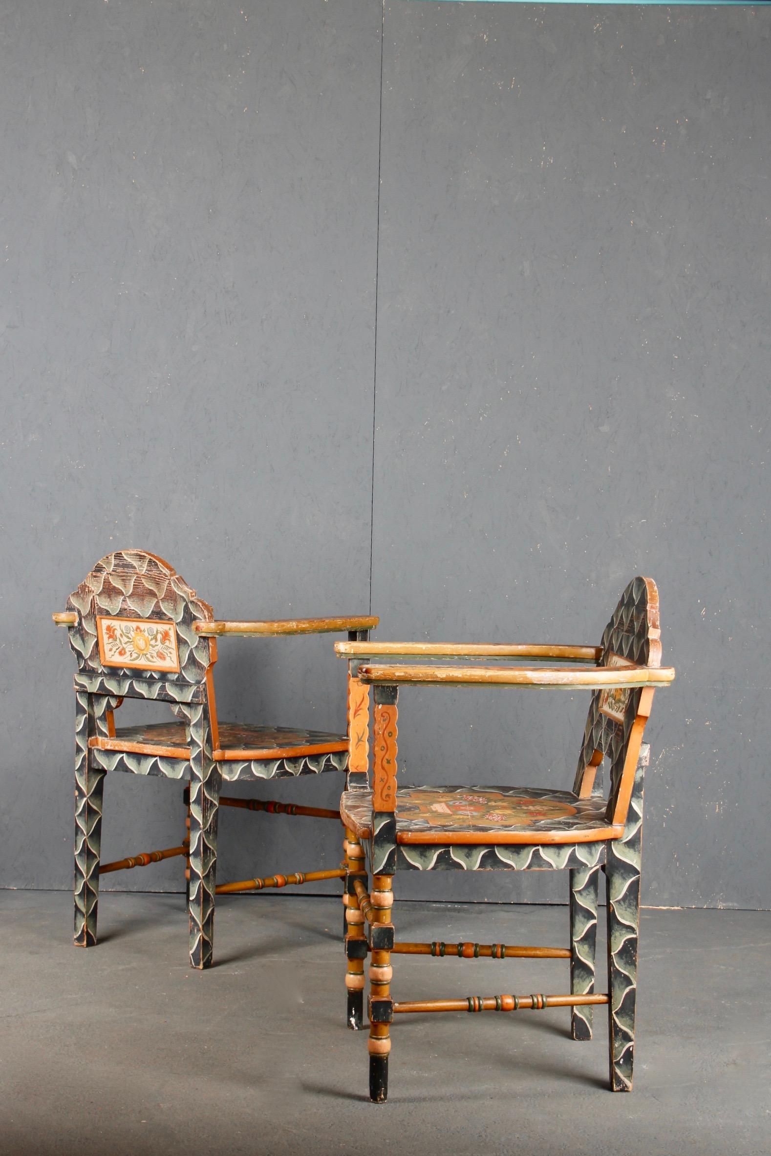 Swiss Alpine Folk Art Pair of Painted Armchairs For Sale 6