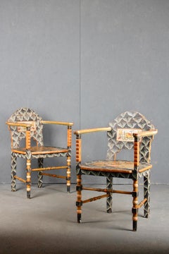 Swiss Alpine Folk Art Pair of Painted Armchairs
