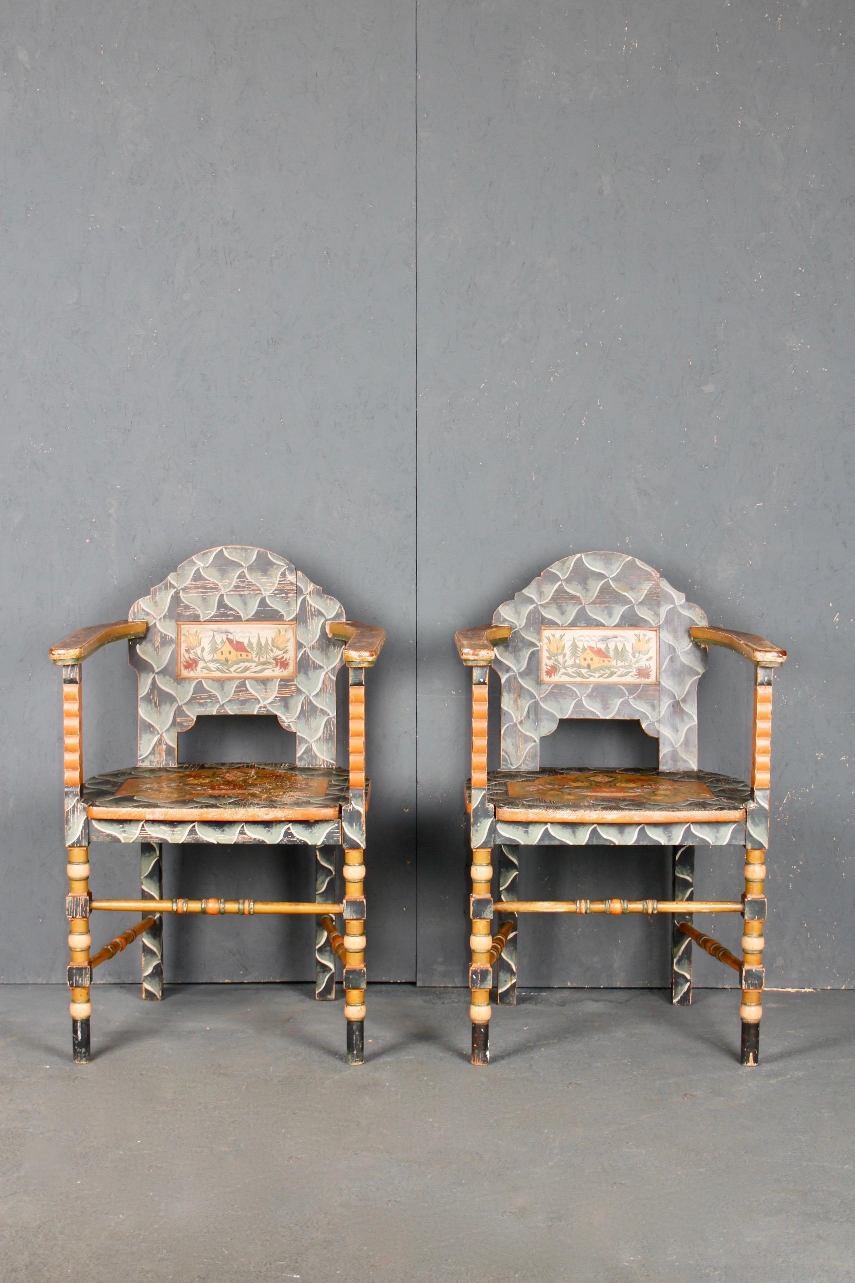 20th Century Swiss Alpine Folk Art Pair of Painted Armchairs For Sale