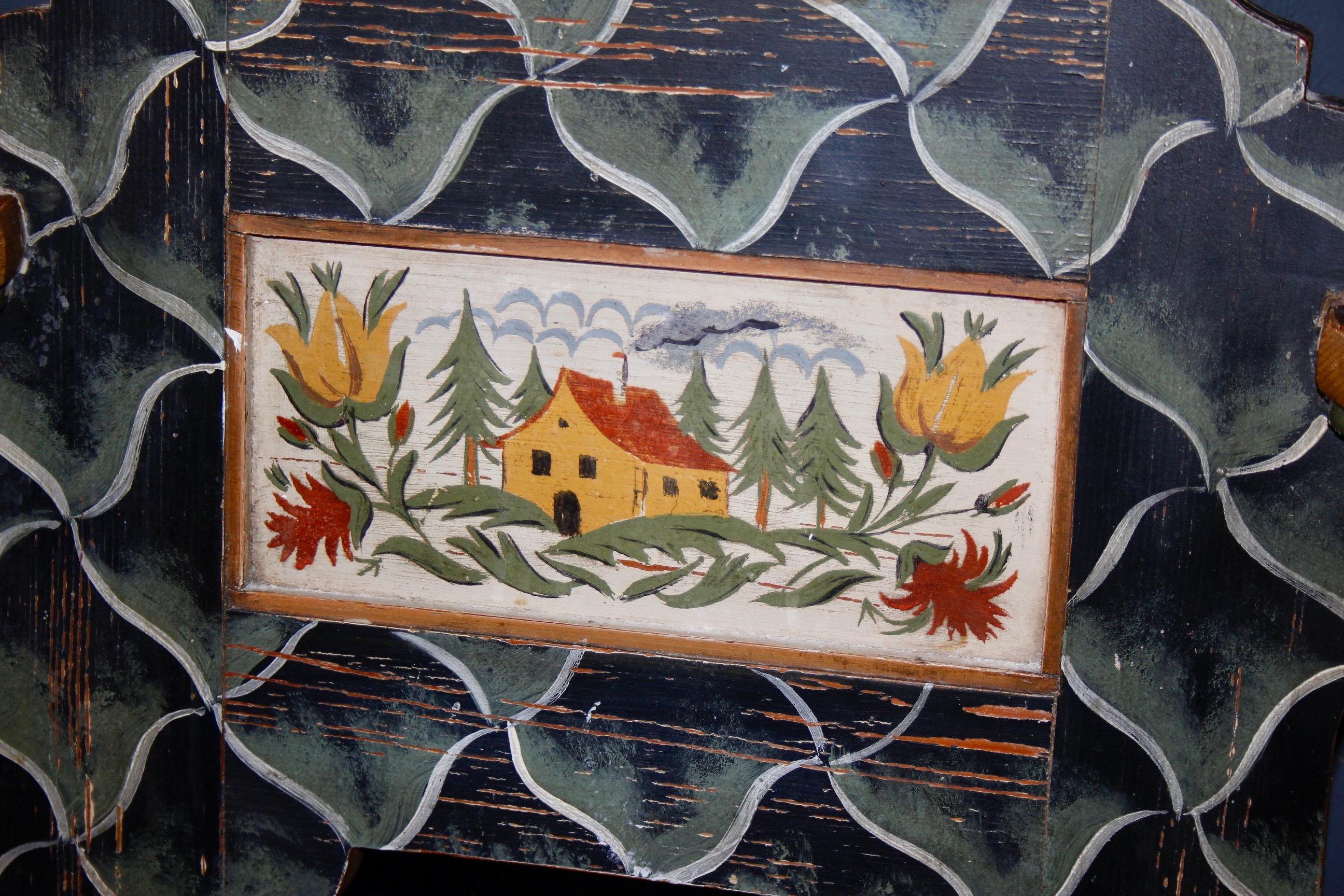 Wood Swiss Alpine Folk Art Pair of Painted Armchairs For Sale