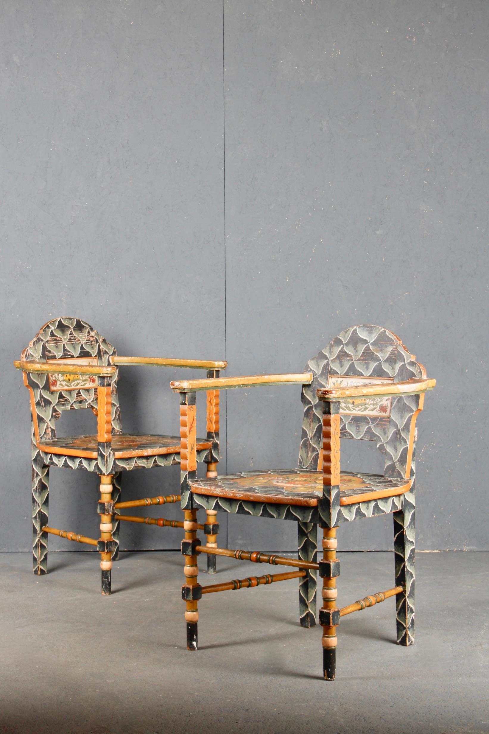 Swiss Alpine Folk Art Pair of Painted Armchairs For Sale 2