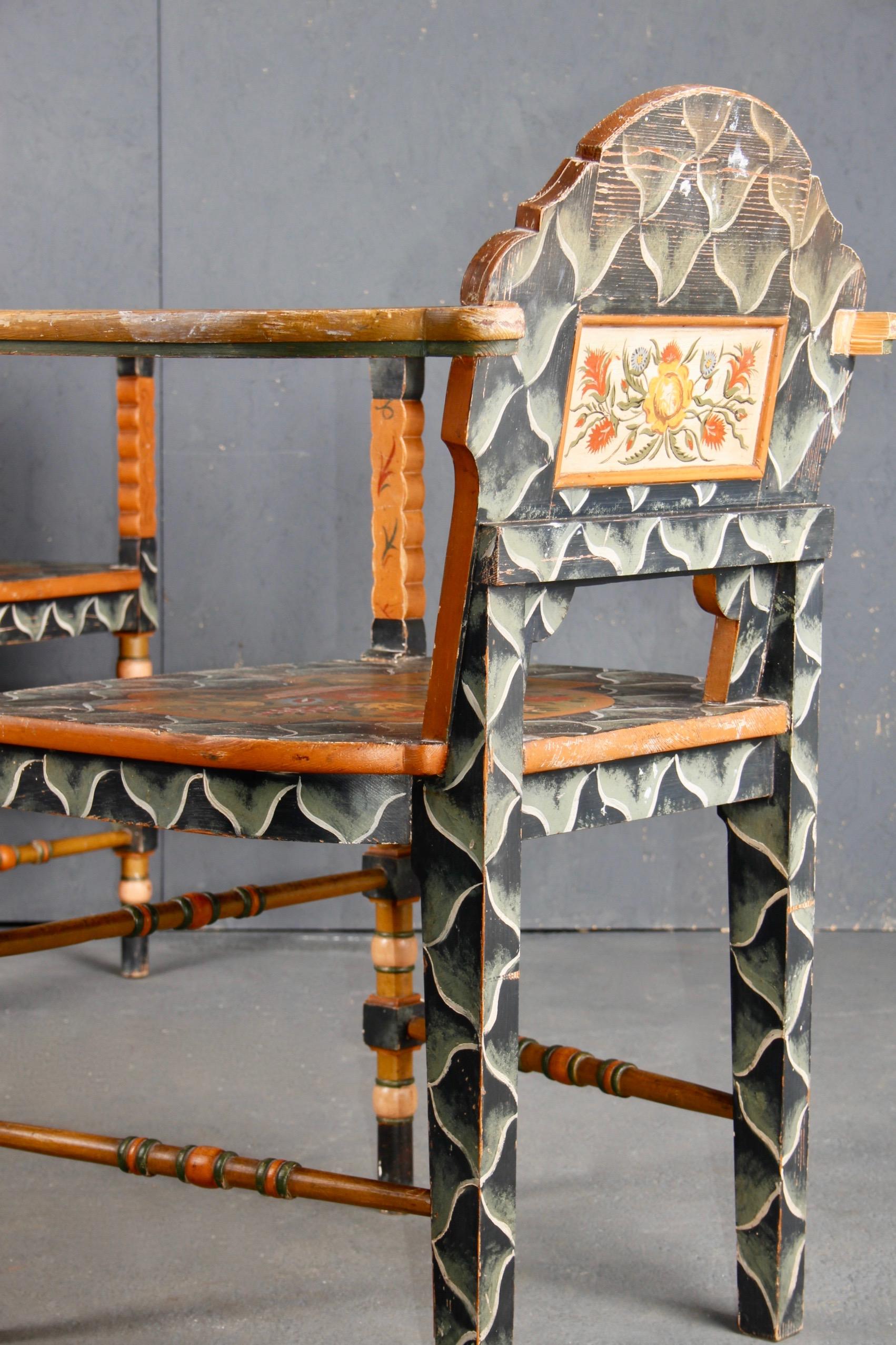 Swiss Alpine Folk Art Pair of Painted Armchairs For Sale 4