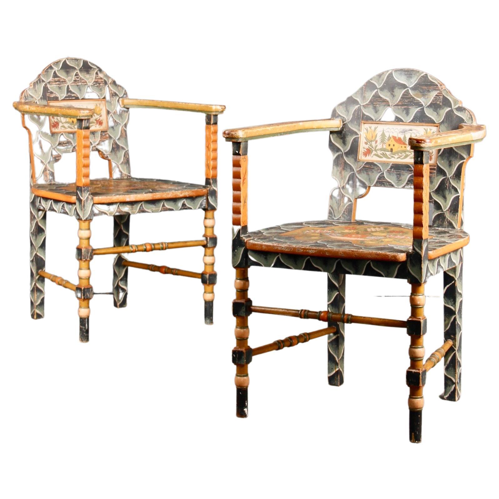 Swiss Alpine Folk Art Pair of Painted Armchairs For Sale