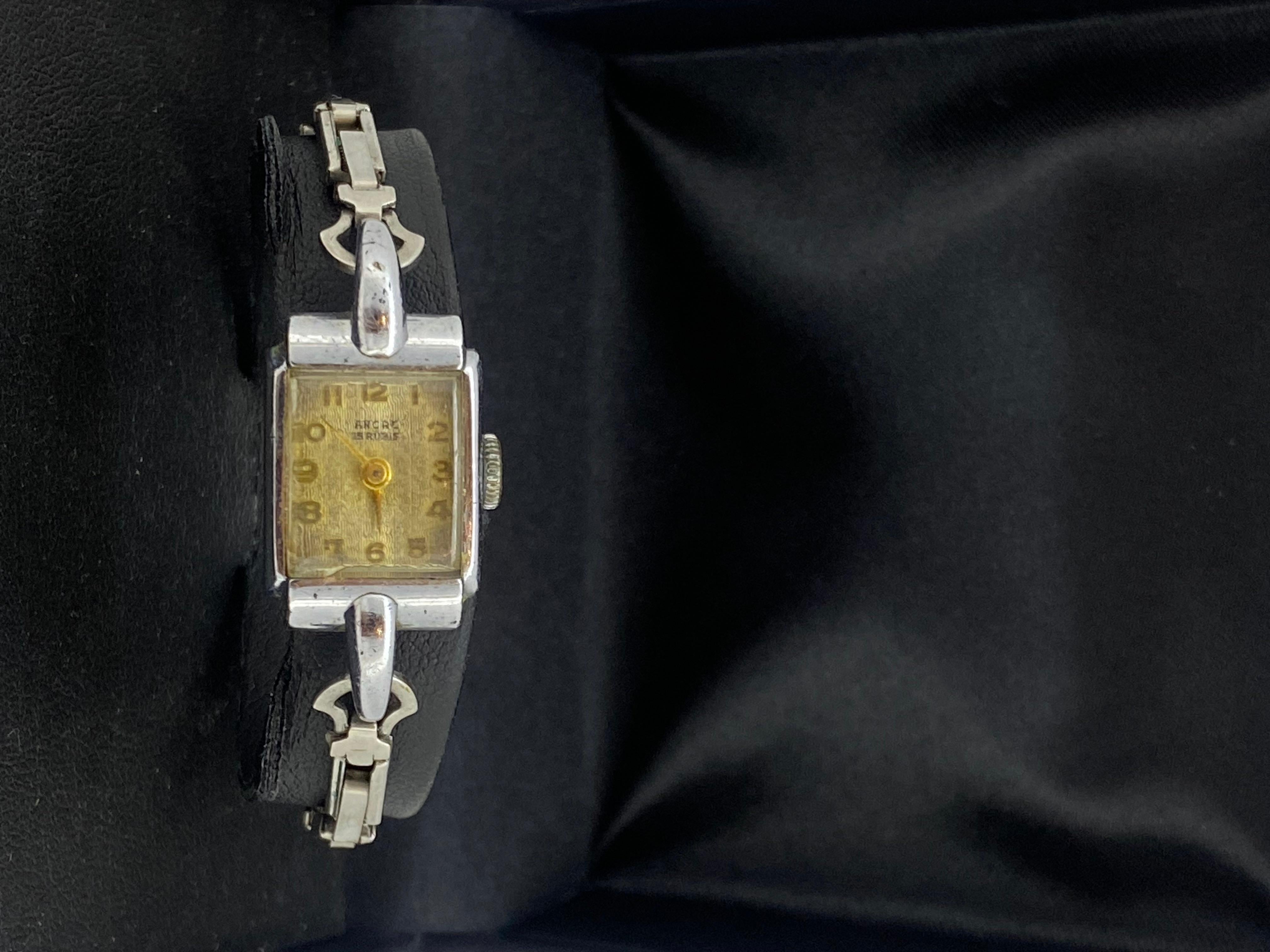 Women's Swiss Ancre 15 Rubis Manual Rectangle Retro c1950's Ladies' Cocktail Watch For Sale