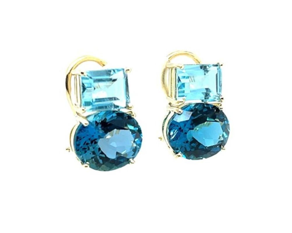 Artisan Swiss and Sky Blue Topaz Earrings in 18k Yellow Gold with French Clips