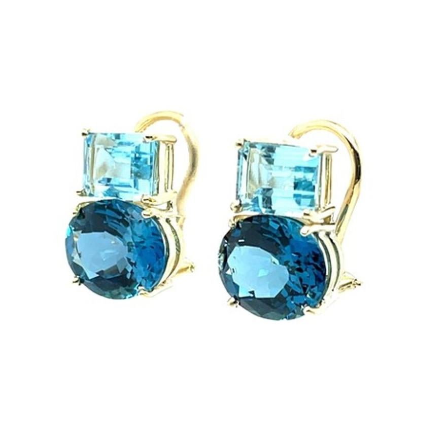 Women's or Men's Swiss and Sky Blue Topaz Earrings in 18k Yellow Gold with French Clips