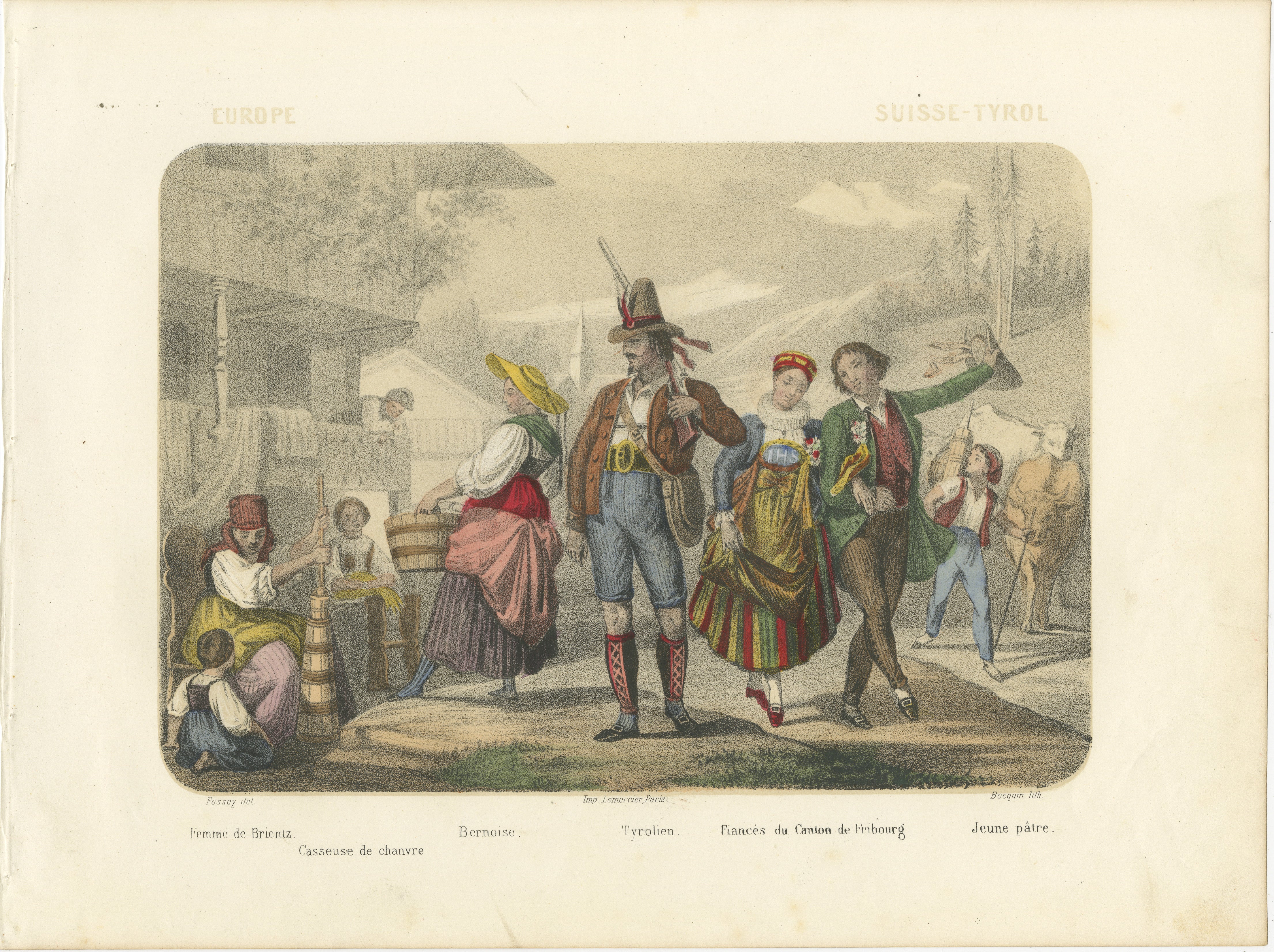 Titel: Schweizer und Tiroler Trachten - Freiburger Verlobte und Tiroler Figuren, um 1845

Beschreibung:
Diese schöne handkolorierte Lithografie mit dem Titel 