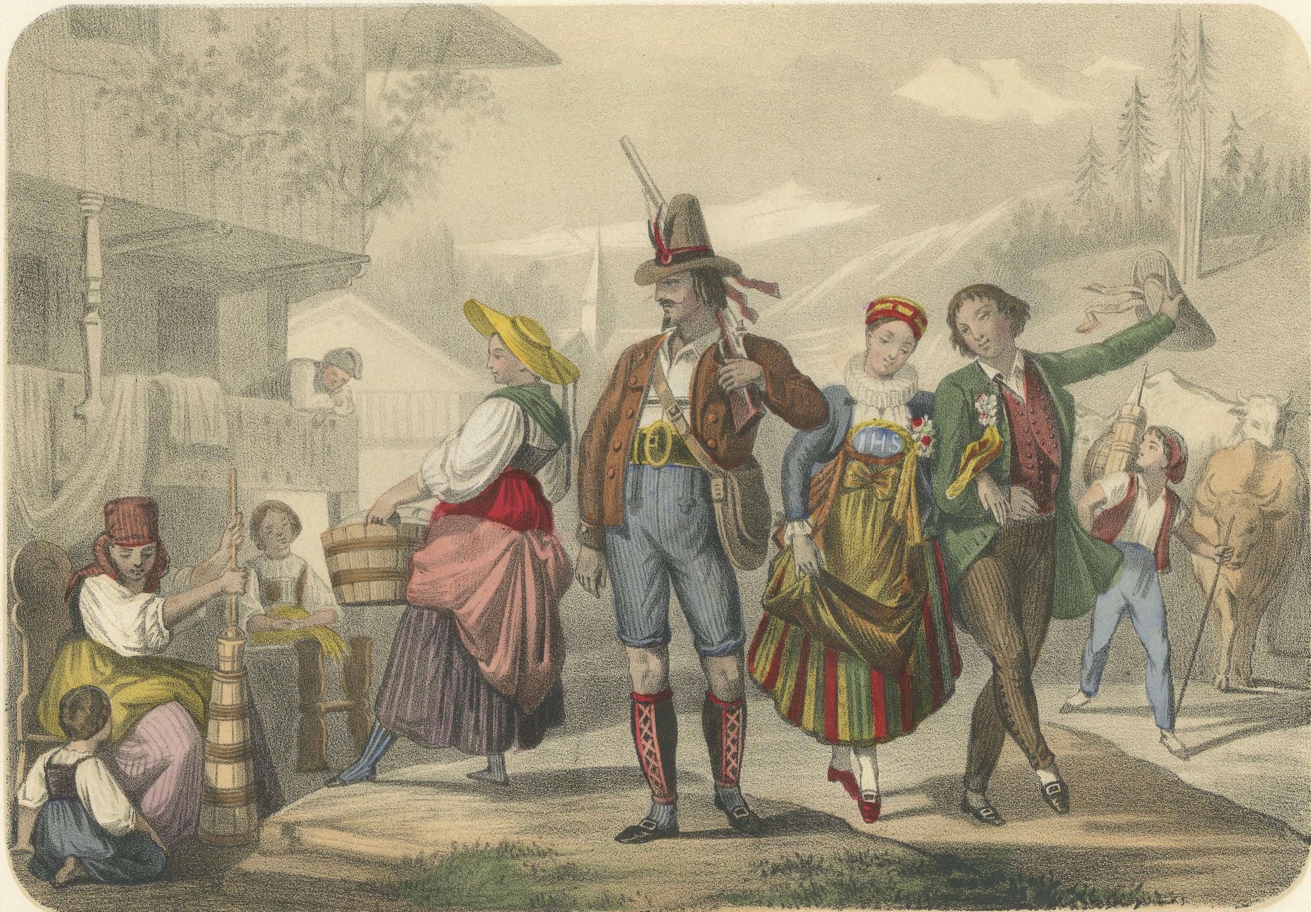 Schweizer und Tiroler Trachten - Freiburger Verlobte und Tiroler Figuren, um 1845 (Französisch) im Angebot