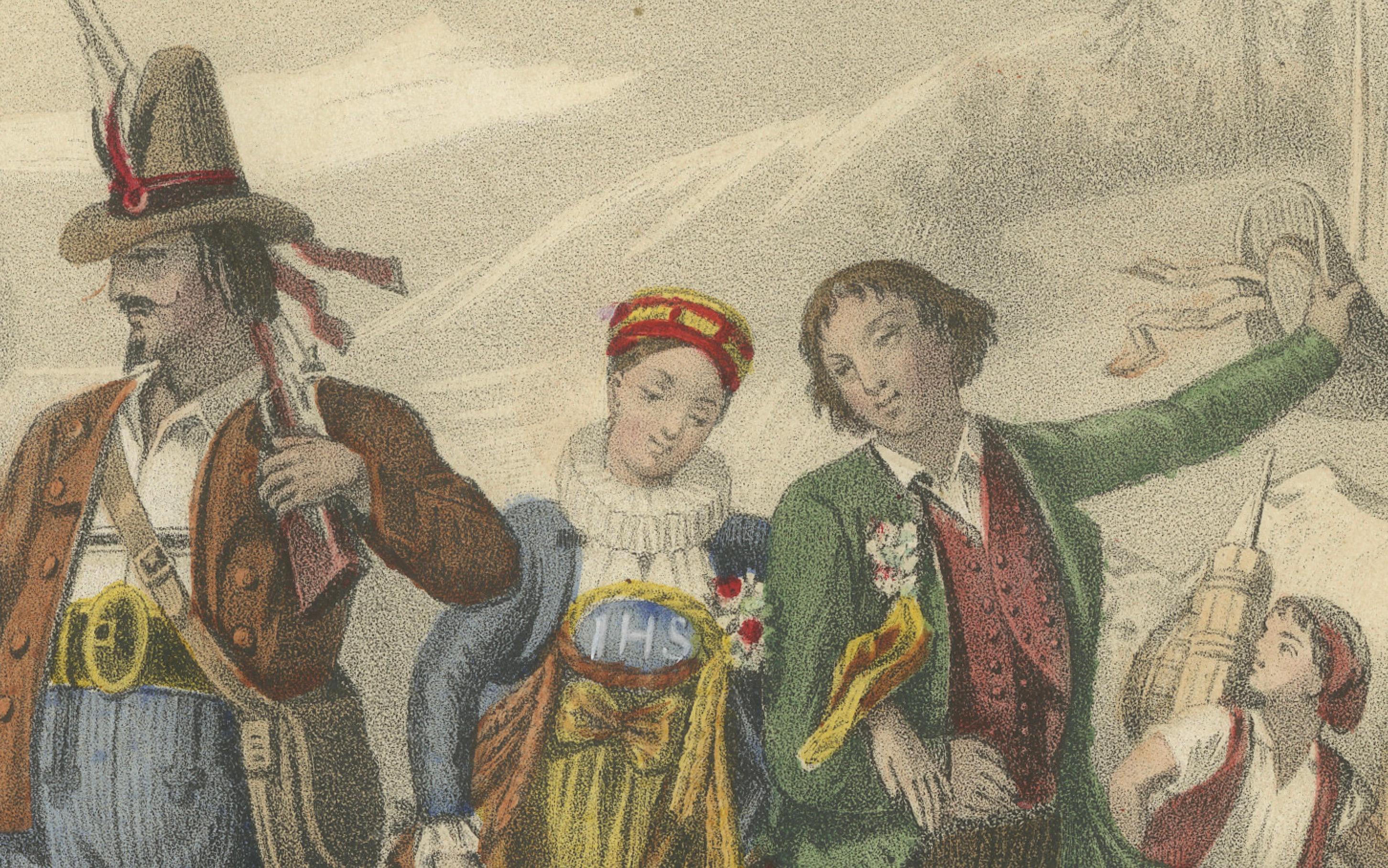 Schweizer und Tiroler Trachten - Freiburger Verlobte und Tiroler Figuren, um 1845 im Zustand „Gut“ im Angebot in Langweer, NL