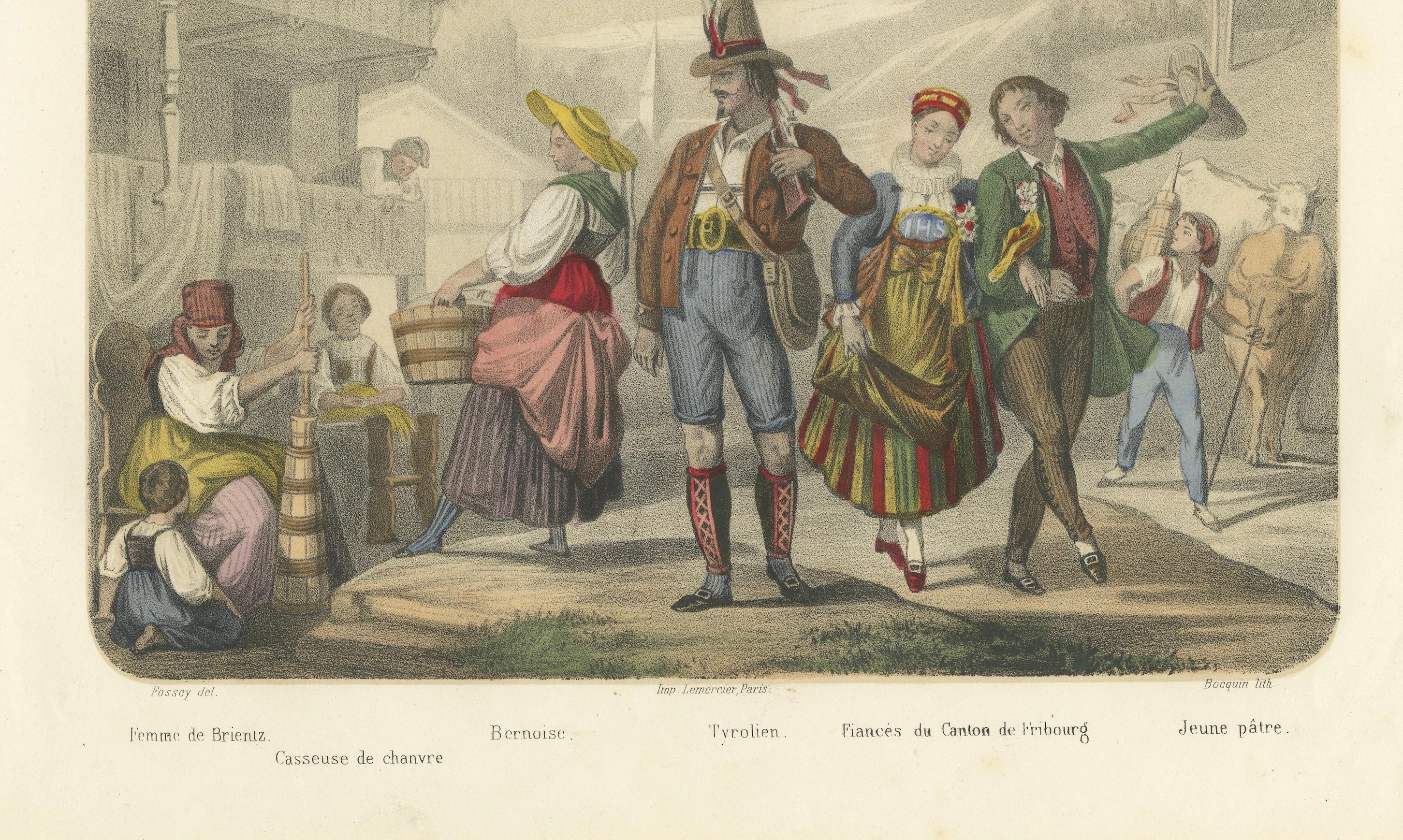 Schweizer und Tiroler Trachten - Freiburger Verlobte und Tiroler Figuren, um 1845 (Papier) im Angebot