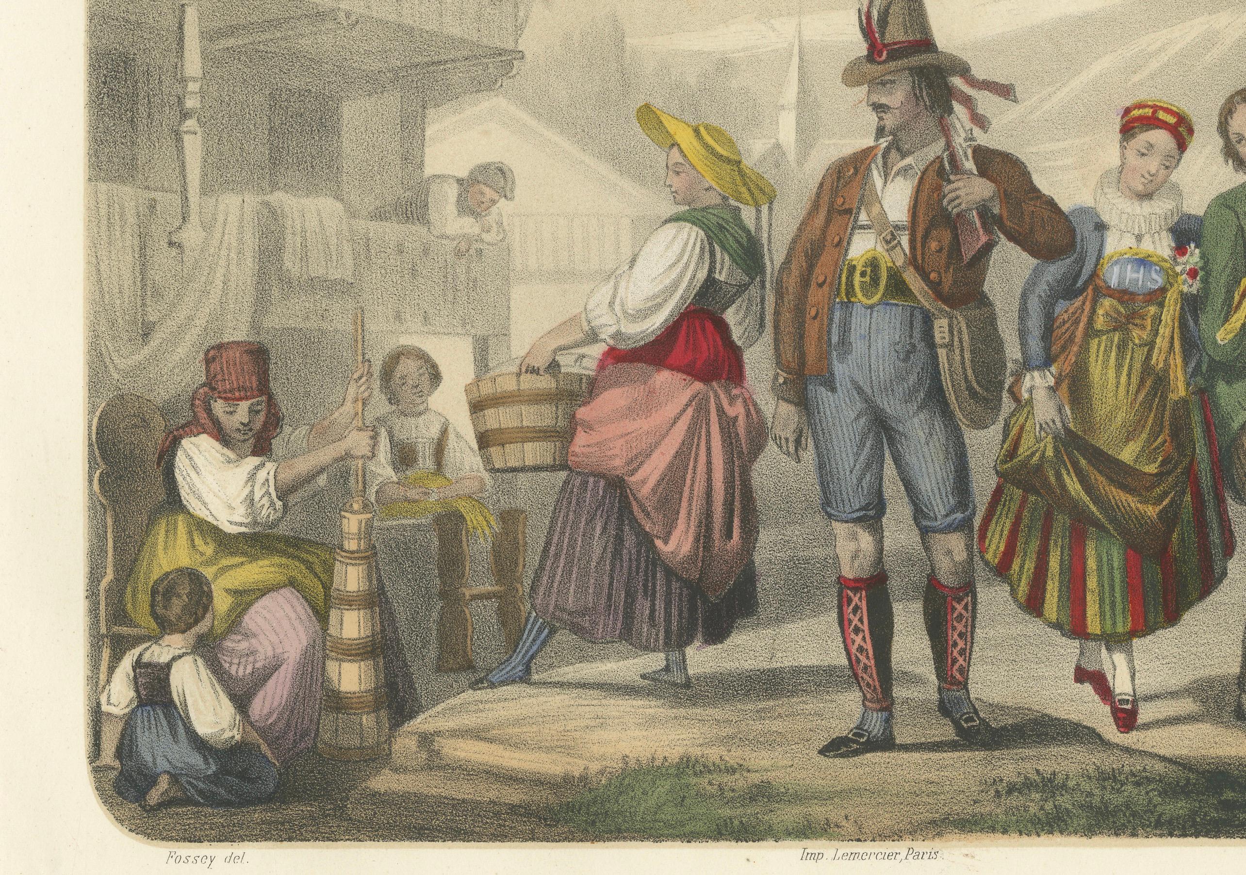 Schweizer und Tiroler Trachten - Freiburger Verlobte und Tiroler Figuren, um 1845 im Angebot 1