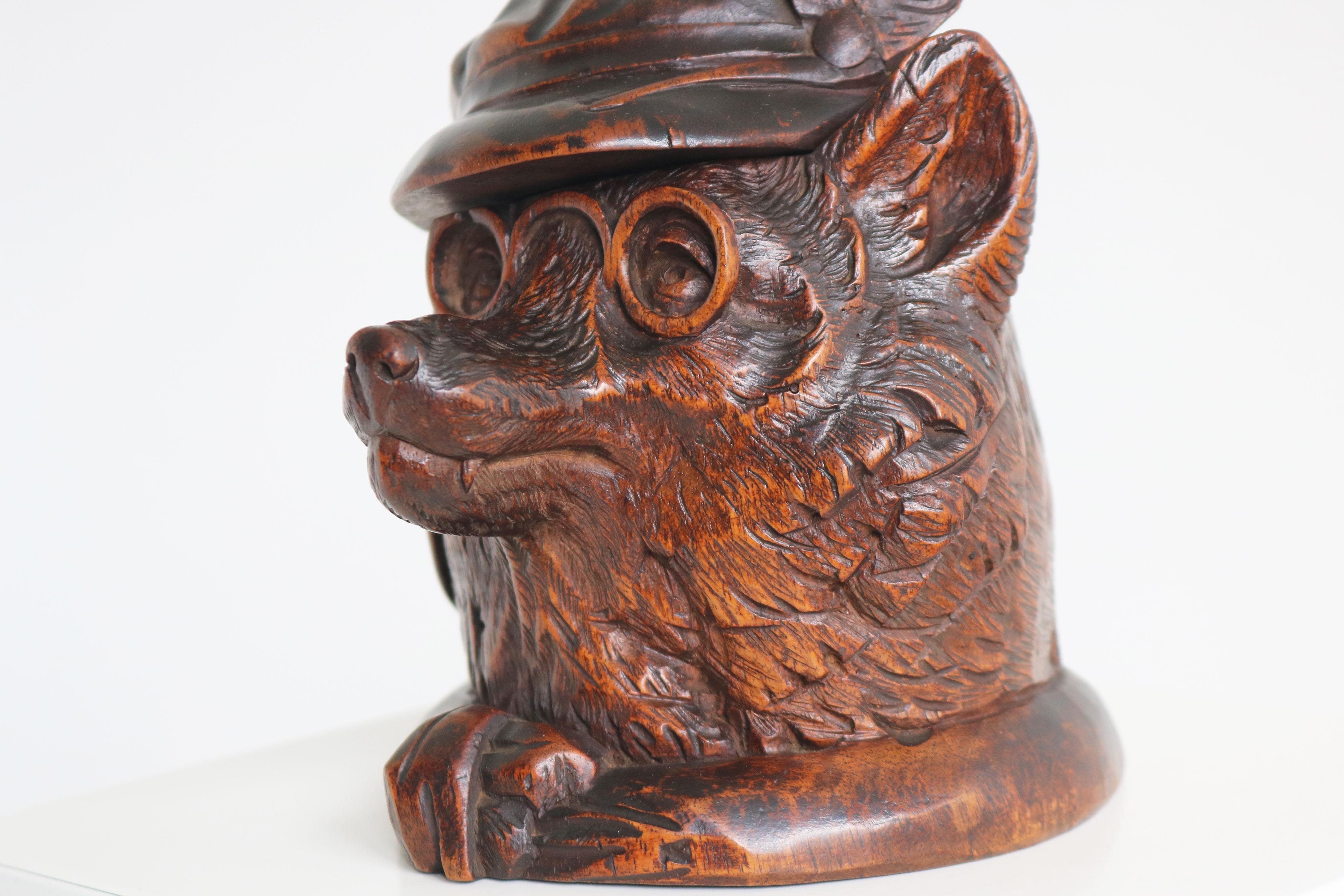 Hand-Carved Swiss Antique 19th Century Black Forest Dog inkwell desk accessory hand carved