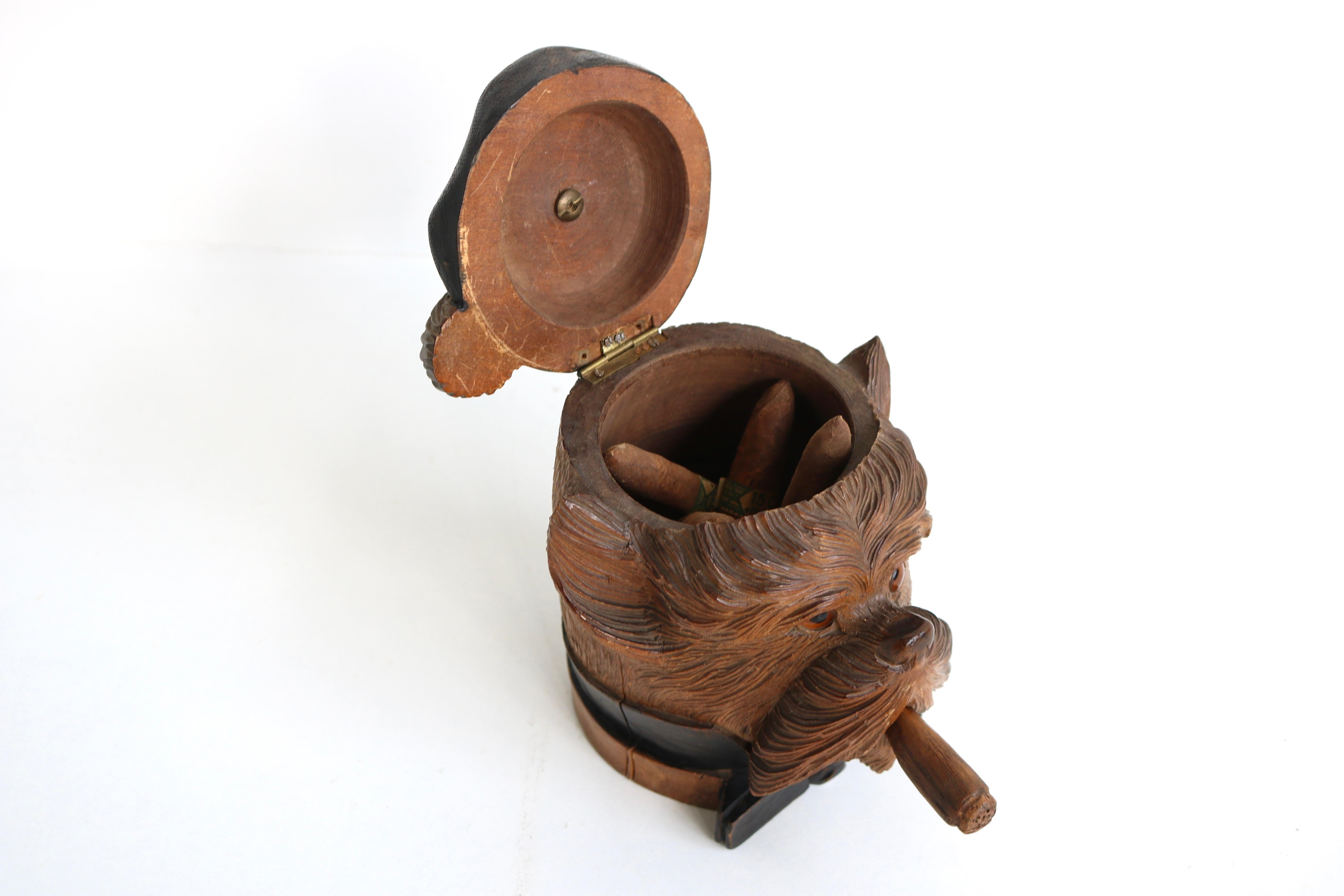 Swiss Antique 19th Century Black Forest Dog Tobacco Jar Cigar Box Humidor Carved 1