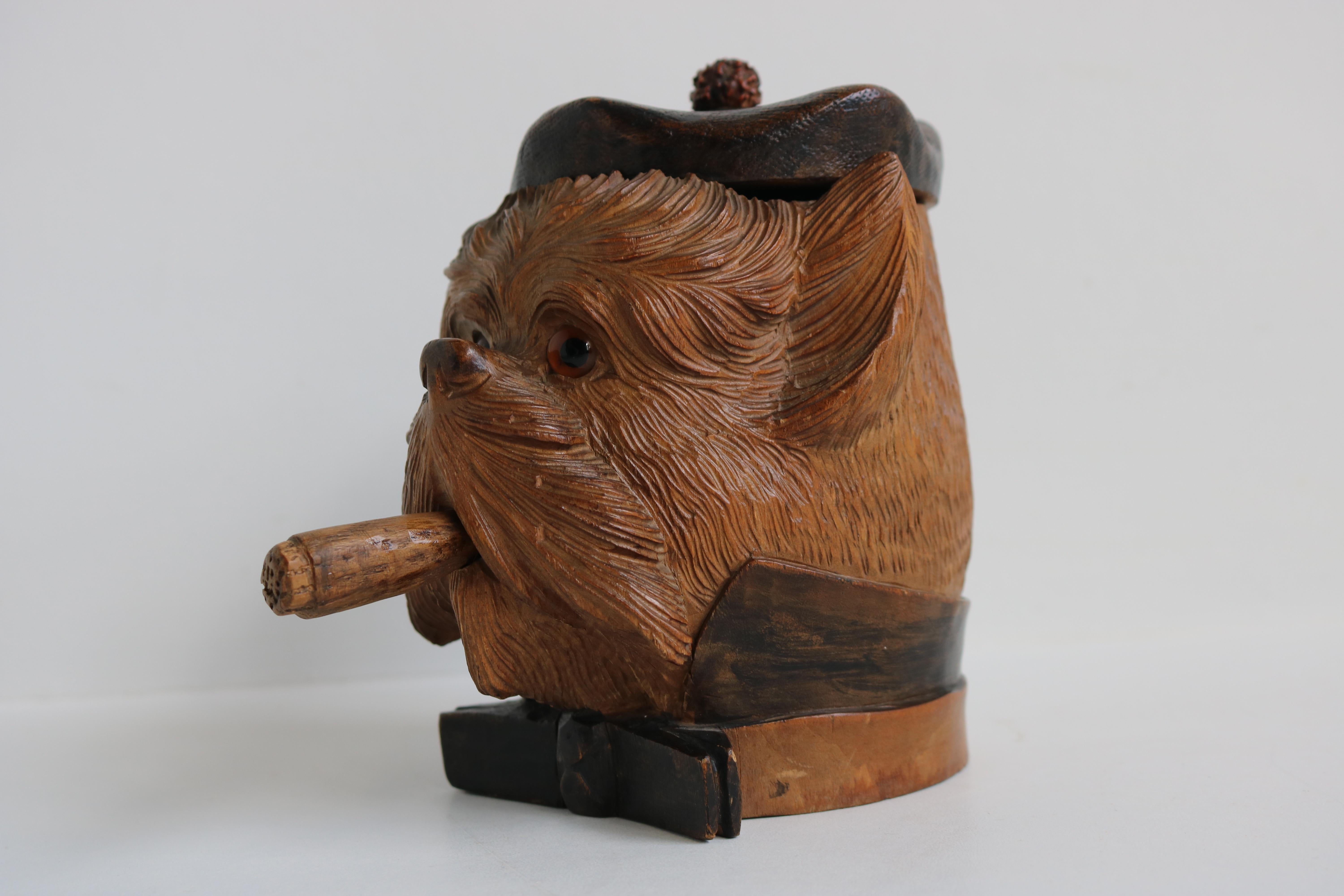 Swiss Antique 19th Century Black Forest Dog Tobacco Jar Cigar Box Humidor Carved 4