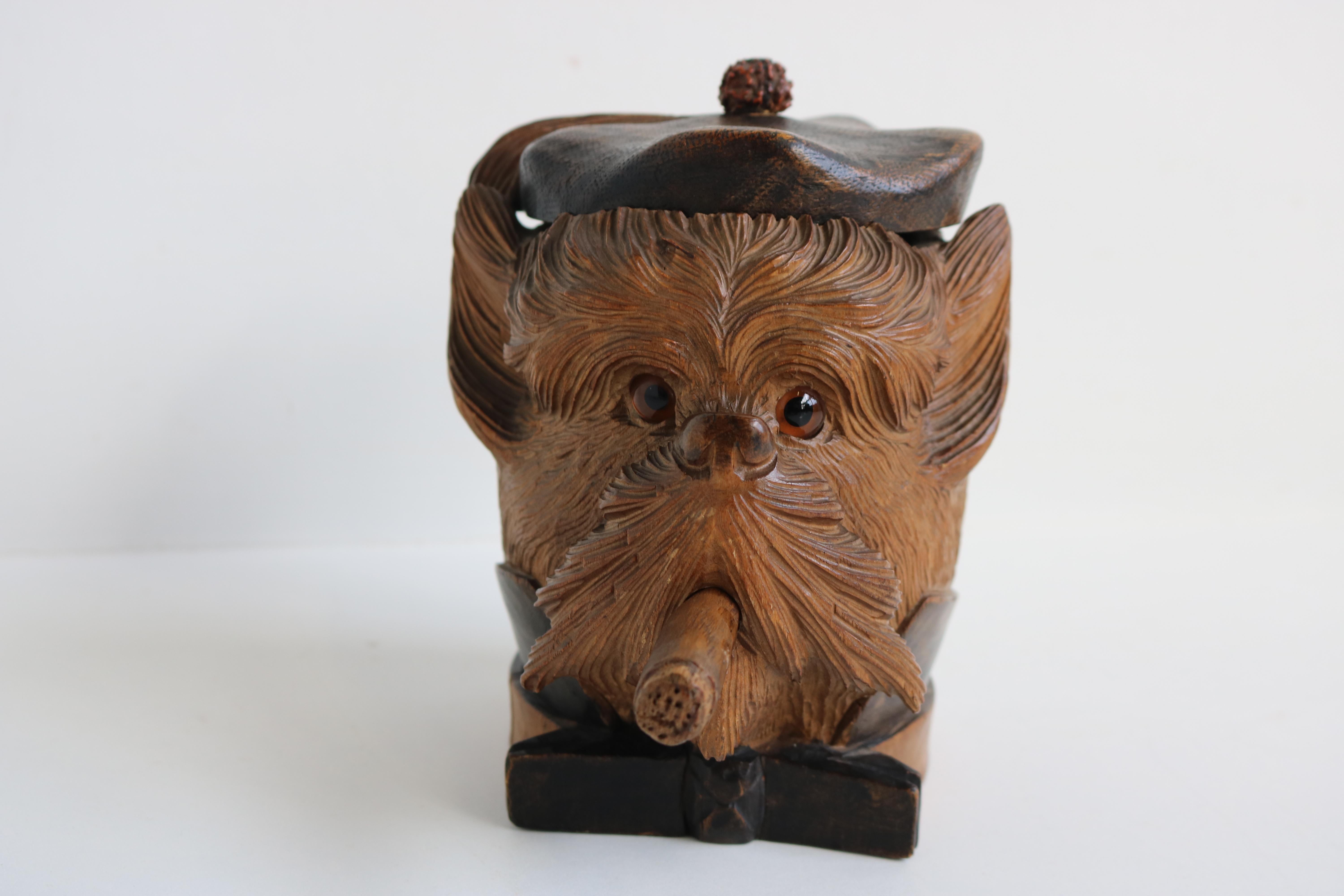 Swiss Antique 19th Century Black Forest Dog Tobacco Jar Cigar Box Humidor Carved 5