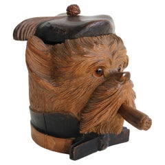 Swiss Antique 19th Century Black Forest Dog Tobacco Jar Cigar Box Humidor Carved