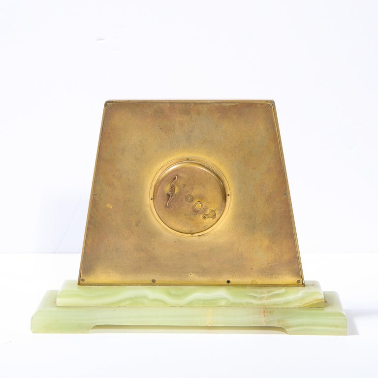 Mid-20th Century Swiss Art Deco Machine Age Skyscraper Style Hand Painted Brass & Onyx Clock For Sale