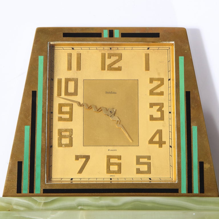 Swiss Art Deco Machine Age Skyscraper Style Hand Painted Brass & Onyx Clock For Sale 3