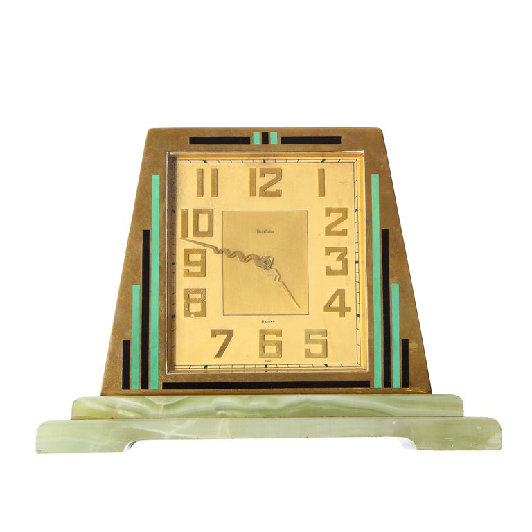 Swiss Art Deco Machine Age Skyscraper Style Hand Painted Brass & Onyx Clock For Sale 4