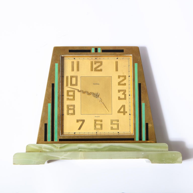 Swiss Art Deco Machine Age Skyscraper Style Hand Painted Brass & Onyx Clock For Sale 5
