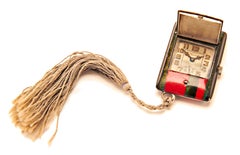 Swiss Art Deco Red, Black & Gray Enameled Purse Watch with Silk Tassel by Lusina