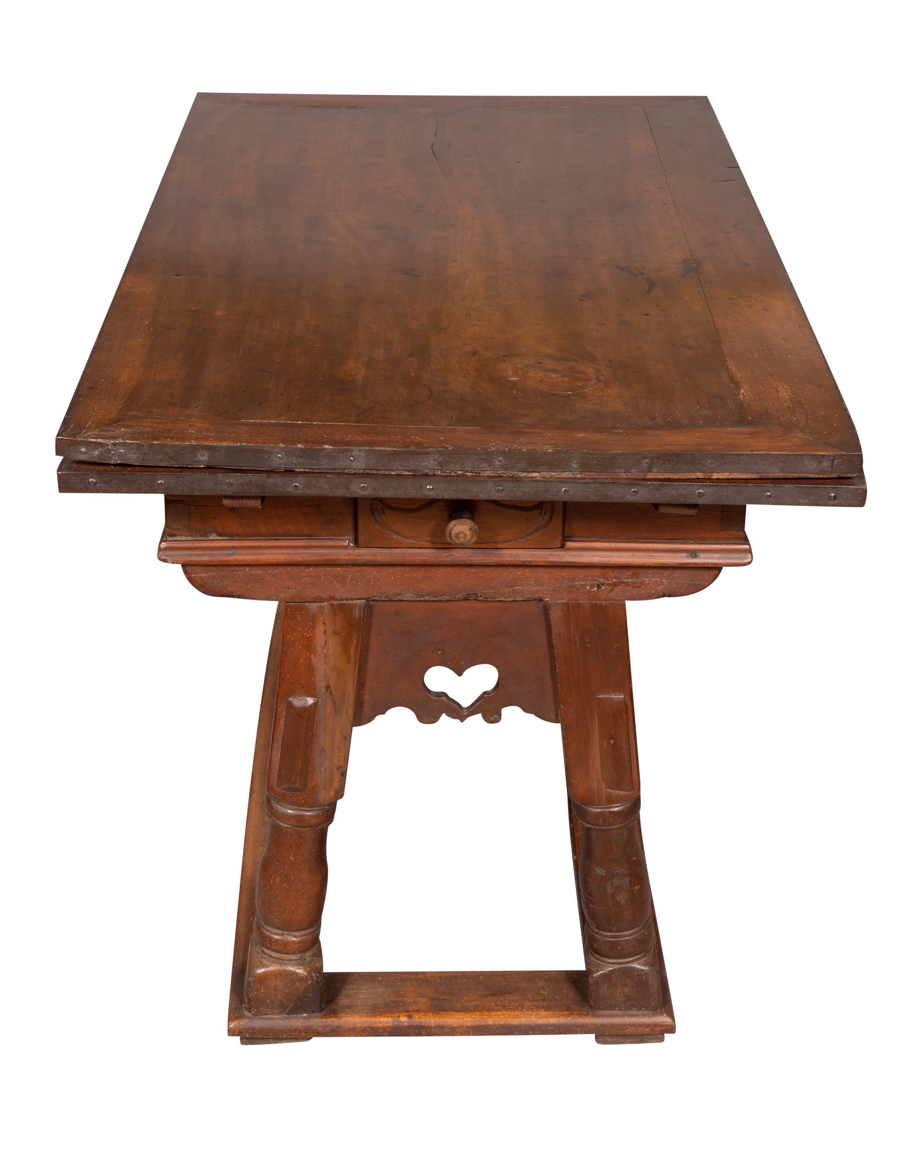 Wrought Iron Swiss Baroque Walnut Draw Table For Sale