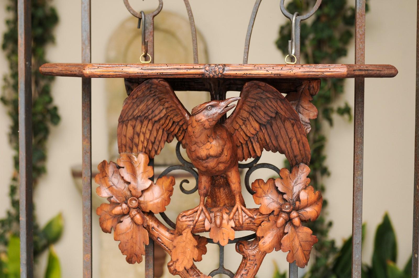 Swiss Black Forest 1890s Wall Bracket with Hand-Carved Eagle and Oak Leaf Motifs 1