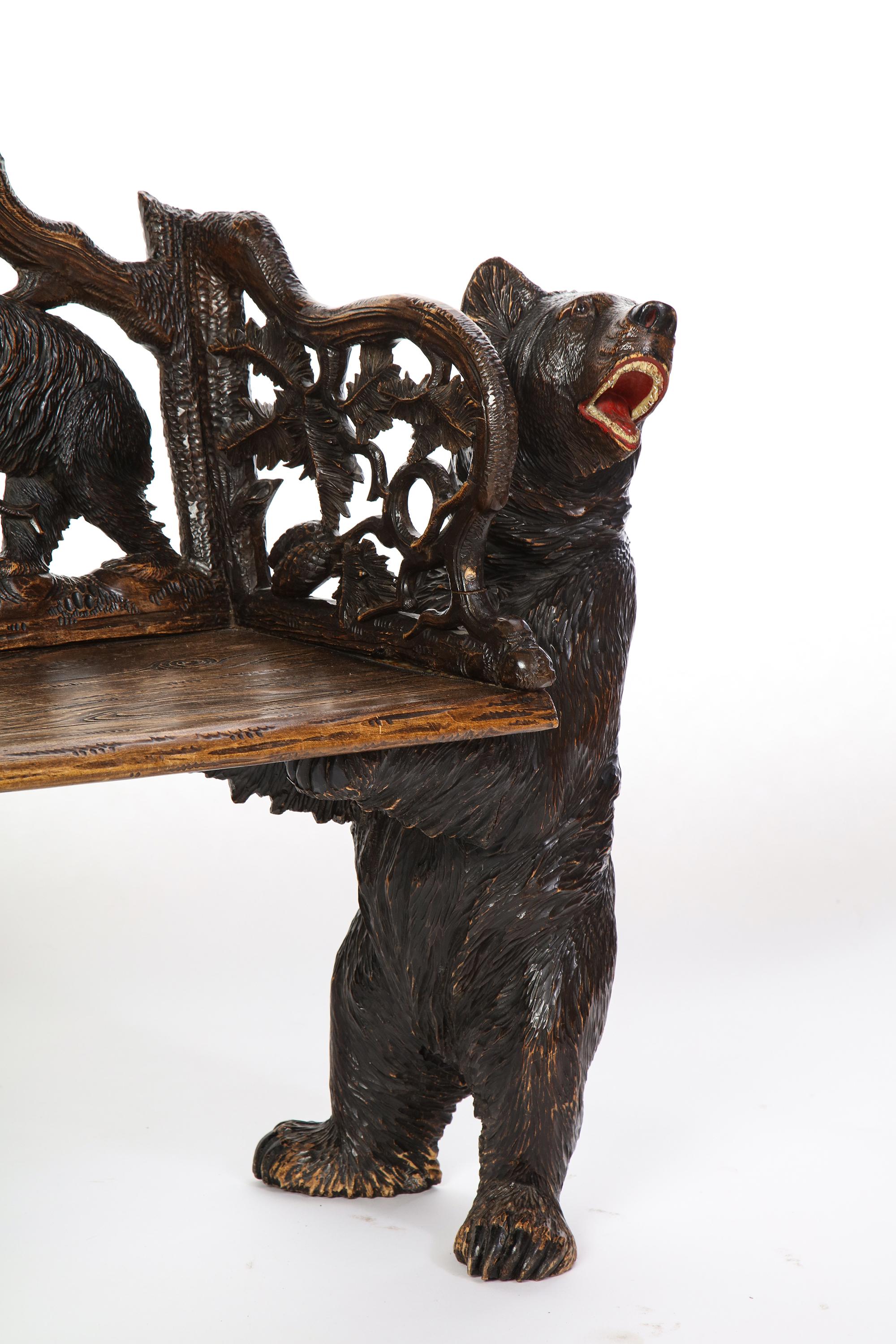 Swiss 'Black Forest' Carved Hall Bench, First Half 20th Century 13