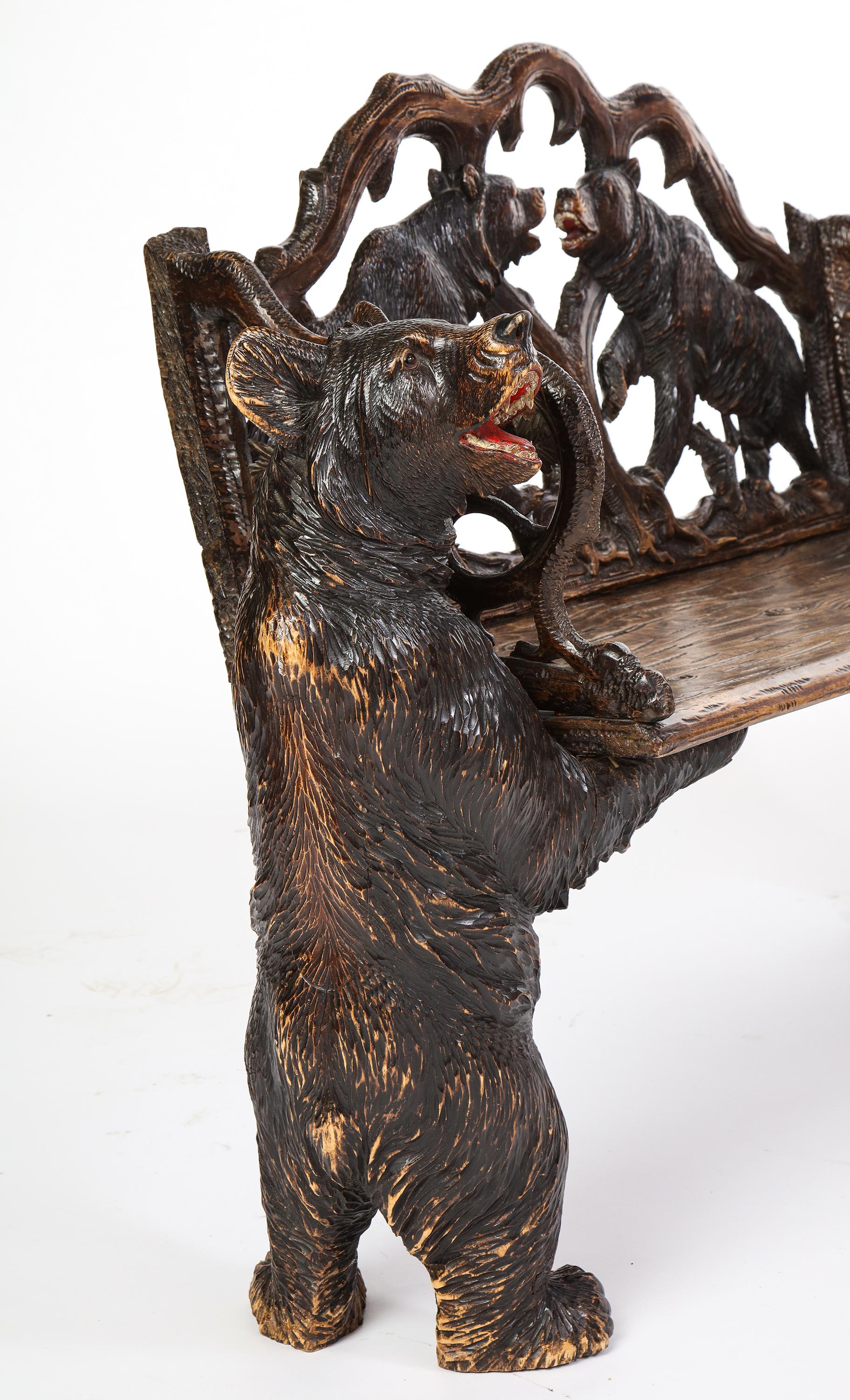 Swiss 'Black Forest' Carved Hall Bench, First Half 20th Century 14