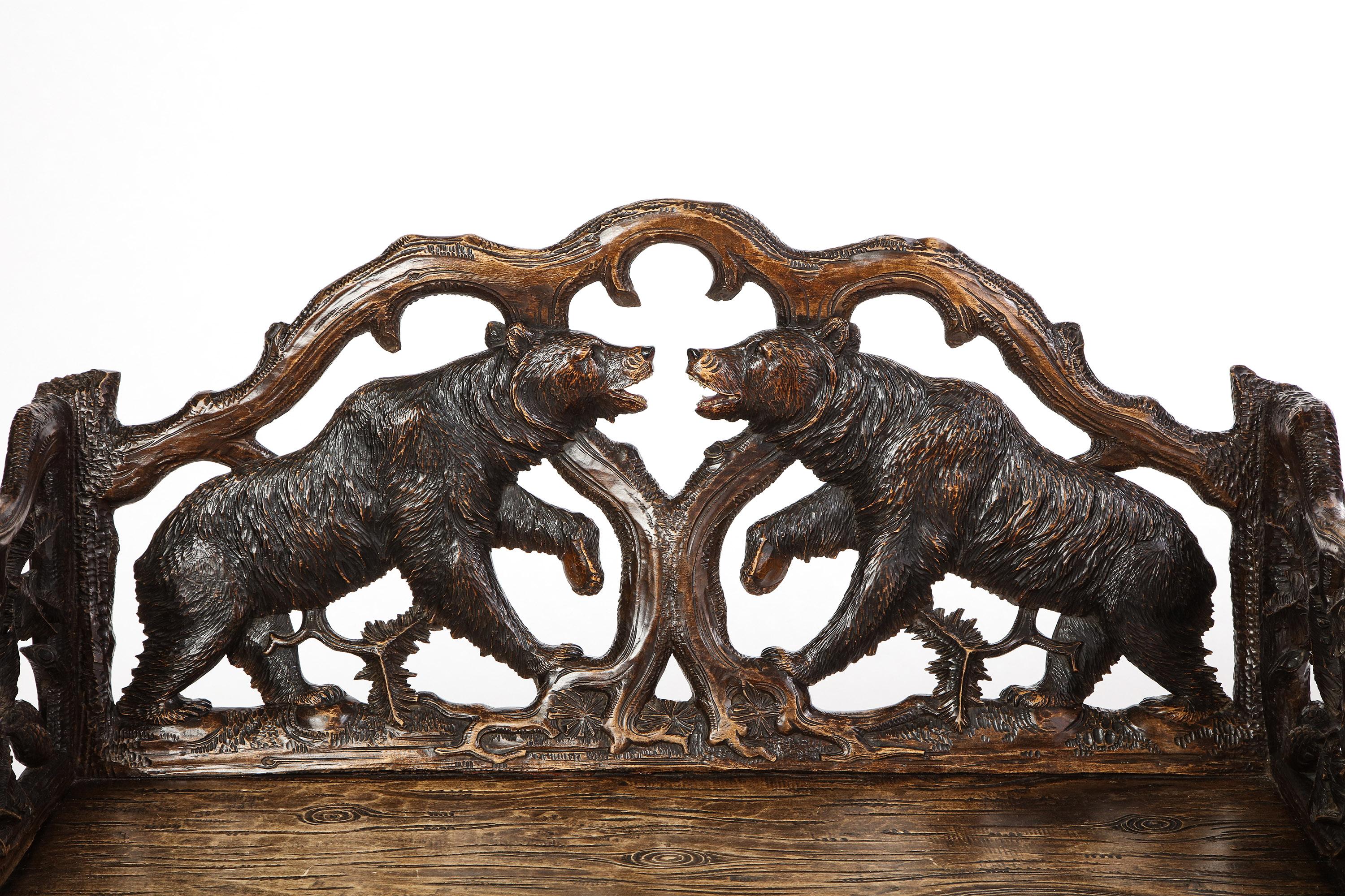 Swiss 'Black Forest' Carved Hall Bench, First Half 20th Century 5