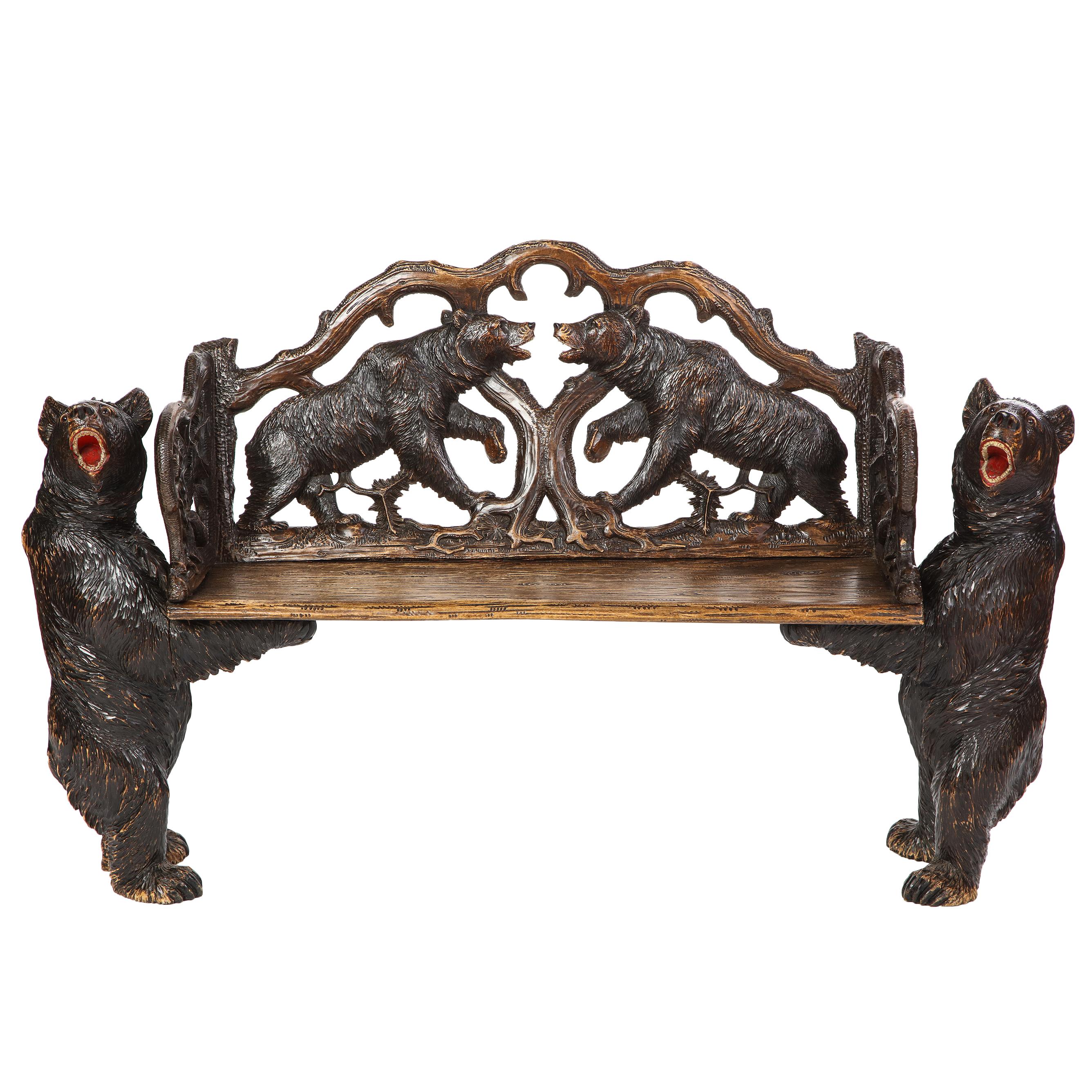 Swiss 'Black Forest' Carved Hall Bench, First Half 20th Century