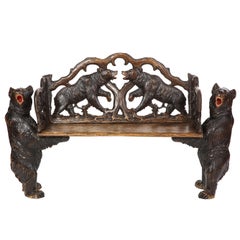 Vintage Swiss 'Black Forest' Carved Hall Bench, First Half 20th Century