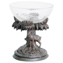 Swiss Black Forest Carved Linden Wood and Cut Glass Compote
